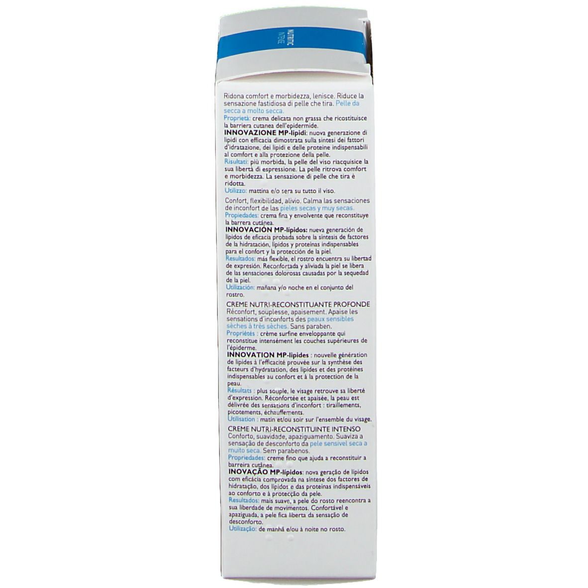 Retro della scatola. Testo multilingue. 50 ml. Informazioni del produttore.