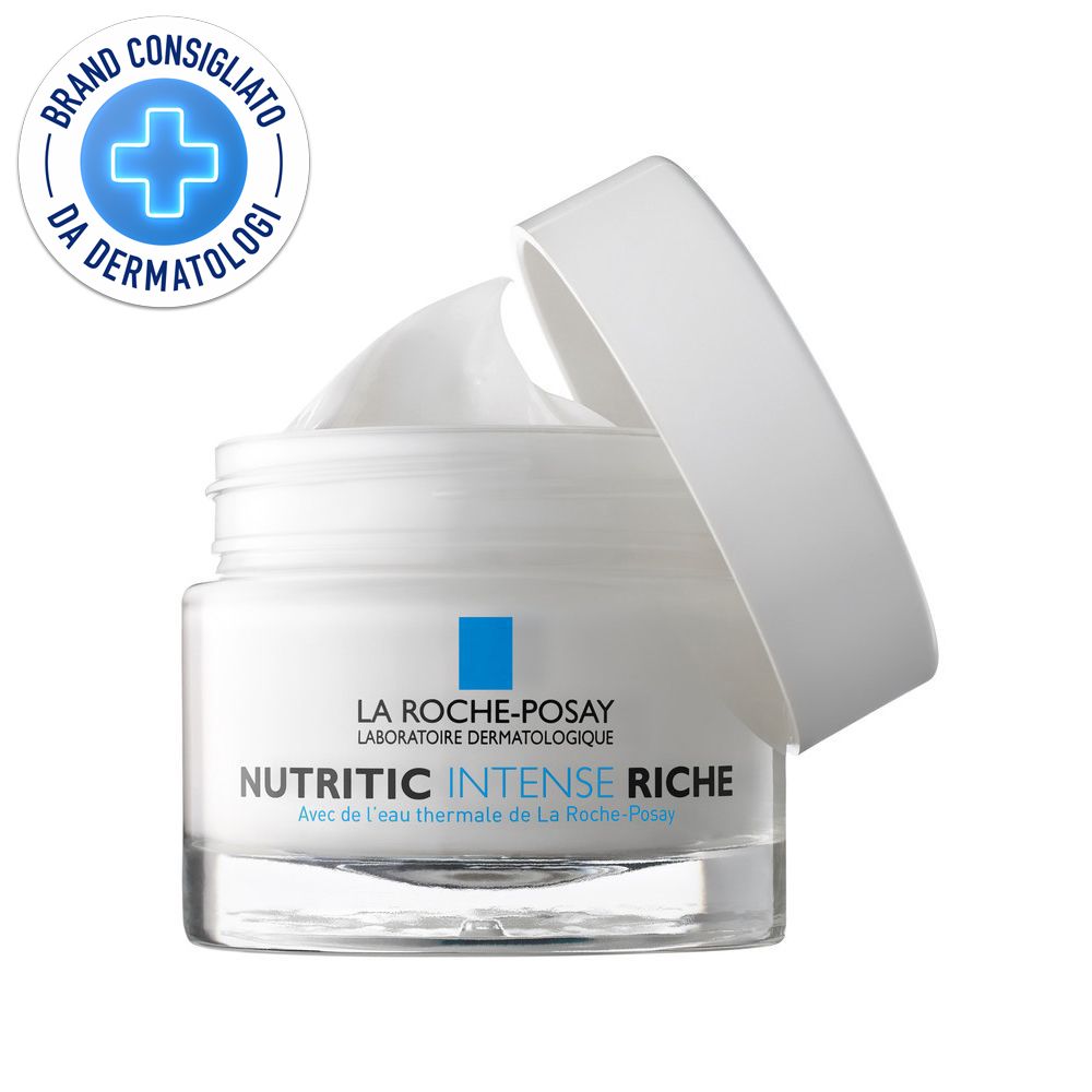 Vaso di crema con coperchio aperto. Scritta: La Roche-Posay, Nutritic Intense Riche. Logo: Brand Consigliato da Dermatologi.