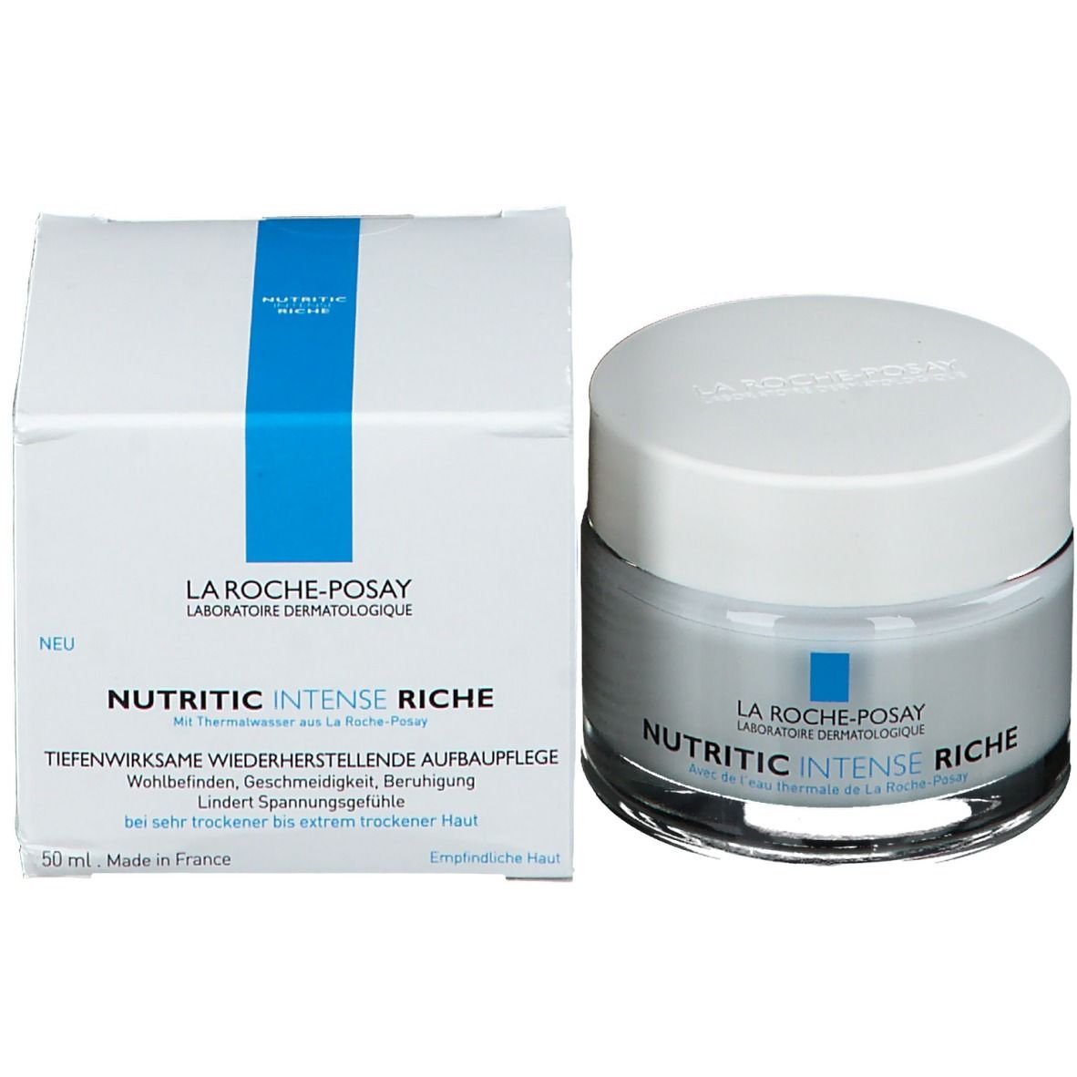 Vaso di crema con coperchio e confezione. Scritta: Nutritic Intense Riche, 50 ml.