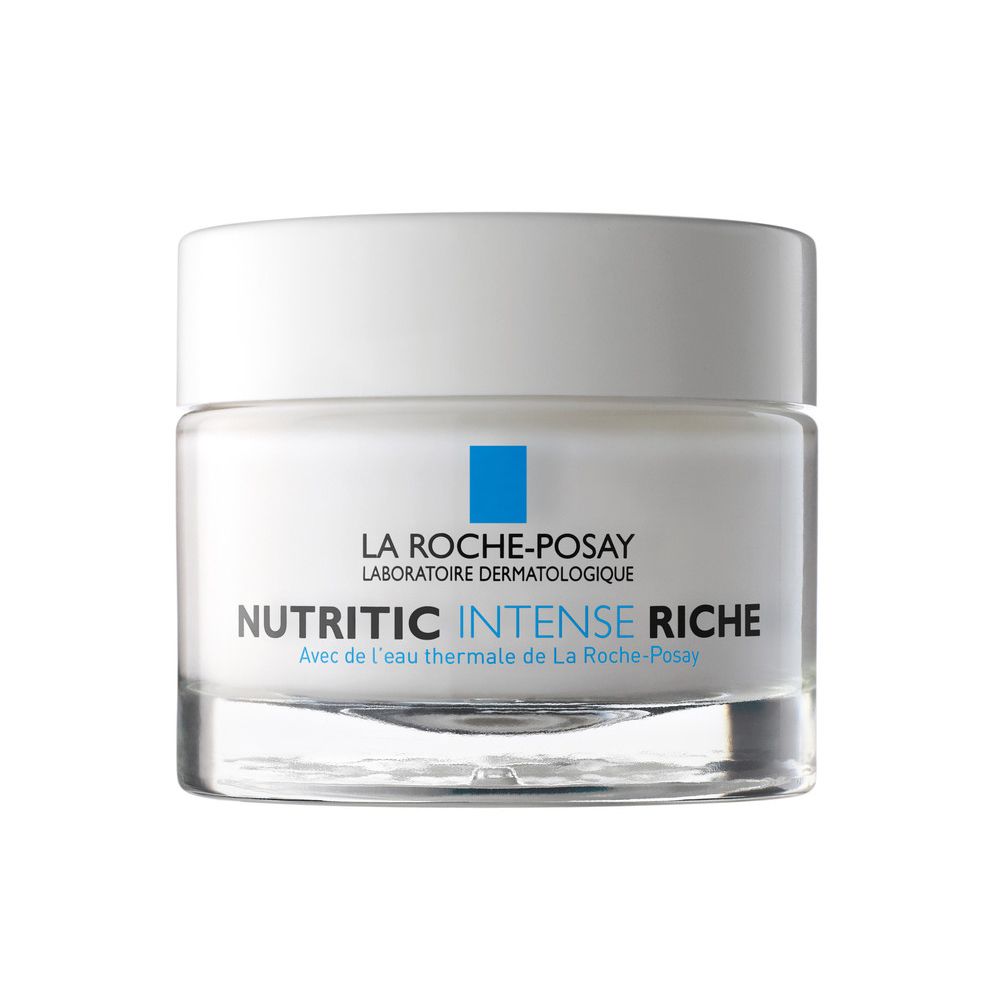 Vaso di crema con coperchio. Scritta: La Roche-Posay, Nutritic Intense Riche.