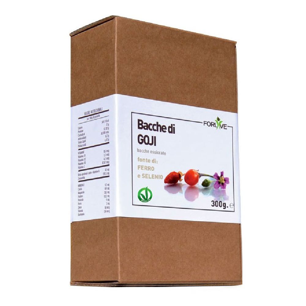 Confezione in cartone marrone con etichetta bianca. Scritto: Bacche di GOJI, 300g. Illustrazione di bacche di goji e fiore. Marchio: Forlive.
