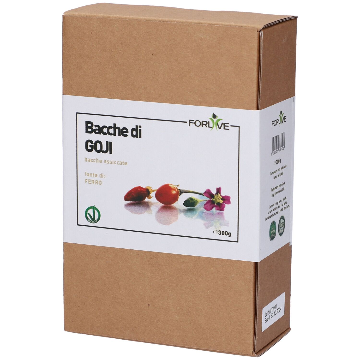 Confezione in cartone marrone con etichetta bianca. Scritto: Bacche di GOJI, 300g. Illustrazione di bacche di goji e fiore. Marchio: Forlive.