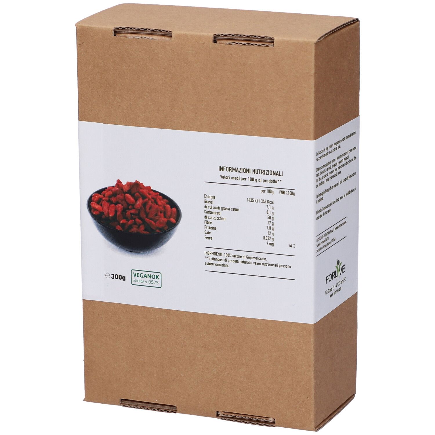 Confezione in cartone marrone con etichetta bianca. Scritto: Bacche di GOJI, 300g. Informazioni nutrizionali. Marchio: Forlive. Certificazione Veganok.
