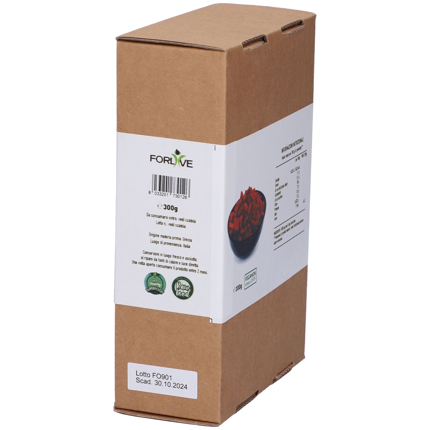 Confezione in cartone marrone con etichetta bianca. Scritto: 300g. Informazioni nutrizionali. Marchio: Forlive. Certificazione Veganok. Data di scadenza.