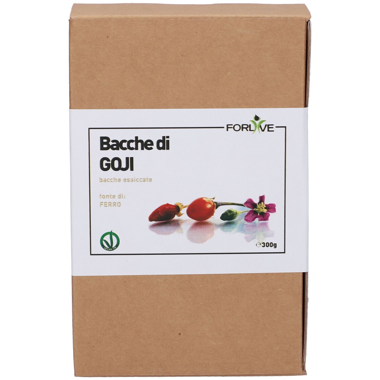 Confezione in cartone marrone con etichetta bianca. Scritto: Bacche di GOJI, 300g. Illustrazione di bacche di goji e fiore. Marchio: Forlive.