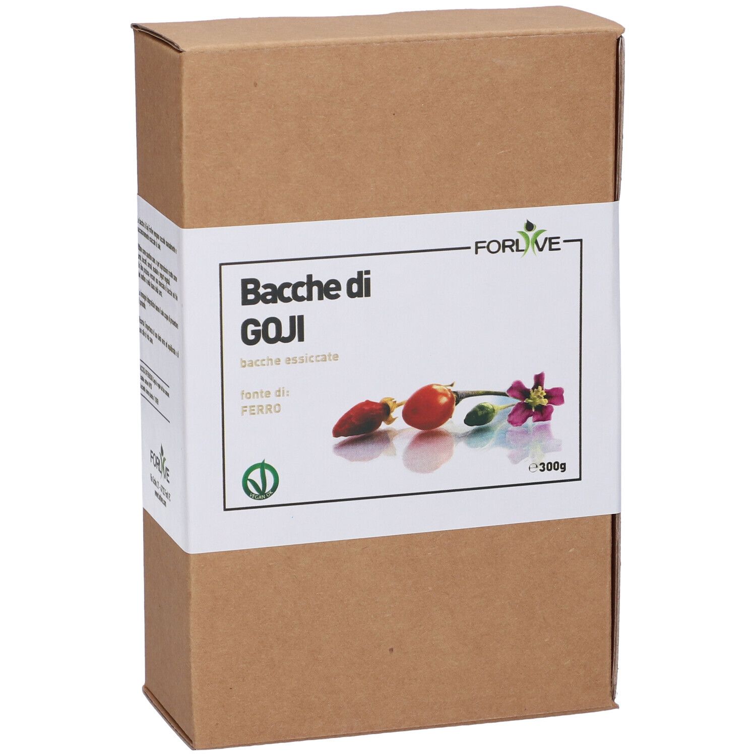 Confezione in cartone marrone con etichetta bianca. Scritto: Bacche di GOJI, 300g. Illustrazione di bacche di goji e fiore. Marchio: Forlive.