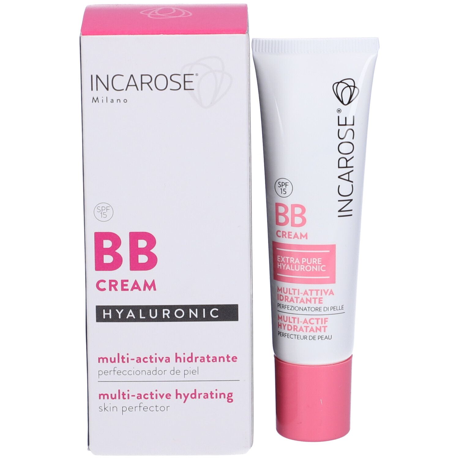 Produktverpackung mit Tube. Weiße Schachtel mit rosa Deckel. Aufschrift: INCAROSE, BB Cream, Hyaluronic. Tube mit rosa Verschluss.