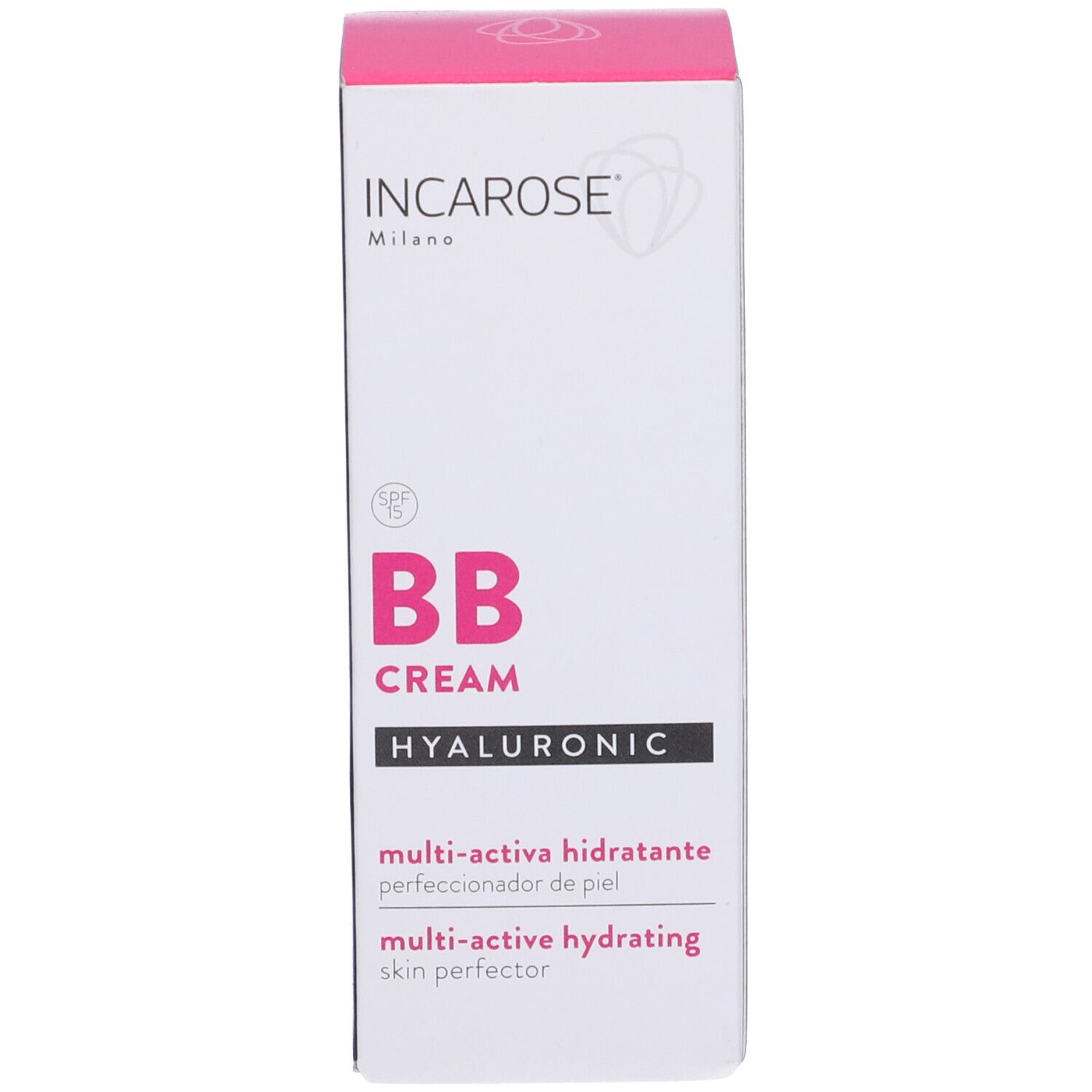 Weiße Schachtel mit rosa Deckel. Aufschrift: INCAROSE, BB Cream, Hyaluronic. Mehrsprachige Produktbezeichnungen.