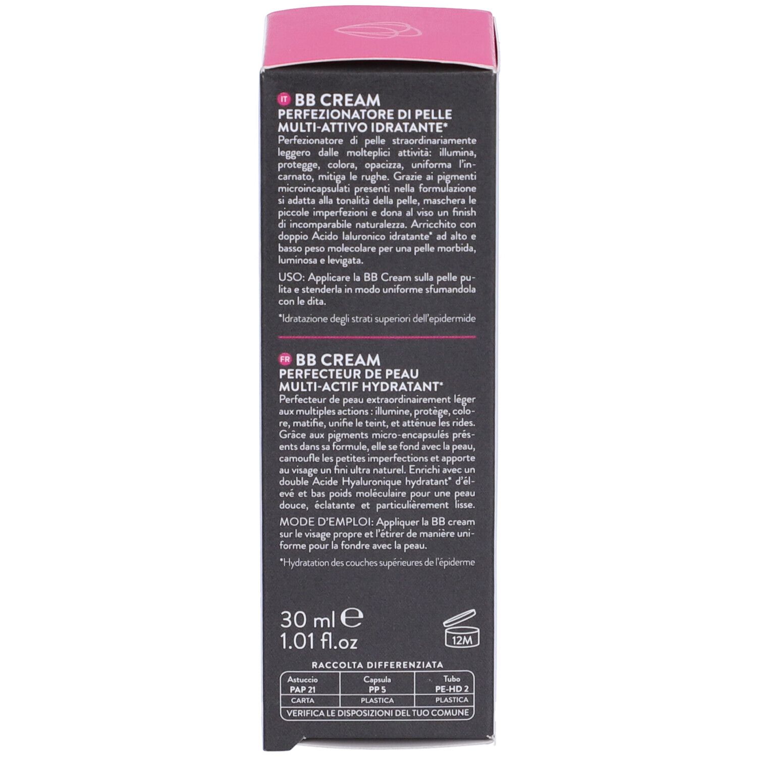 Schwarze Verpackung mit Produktinformationen. Aufschrift: BB Cream, Hyaluronic. Mehrsprachige Beschreibungen und Anweisungen.