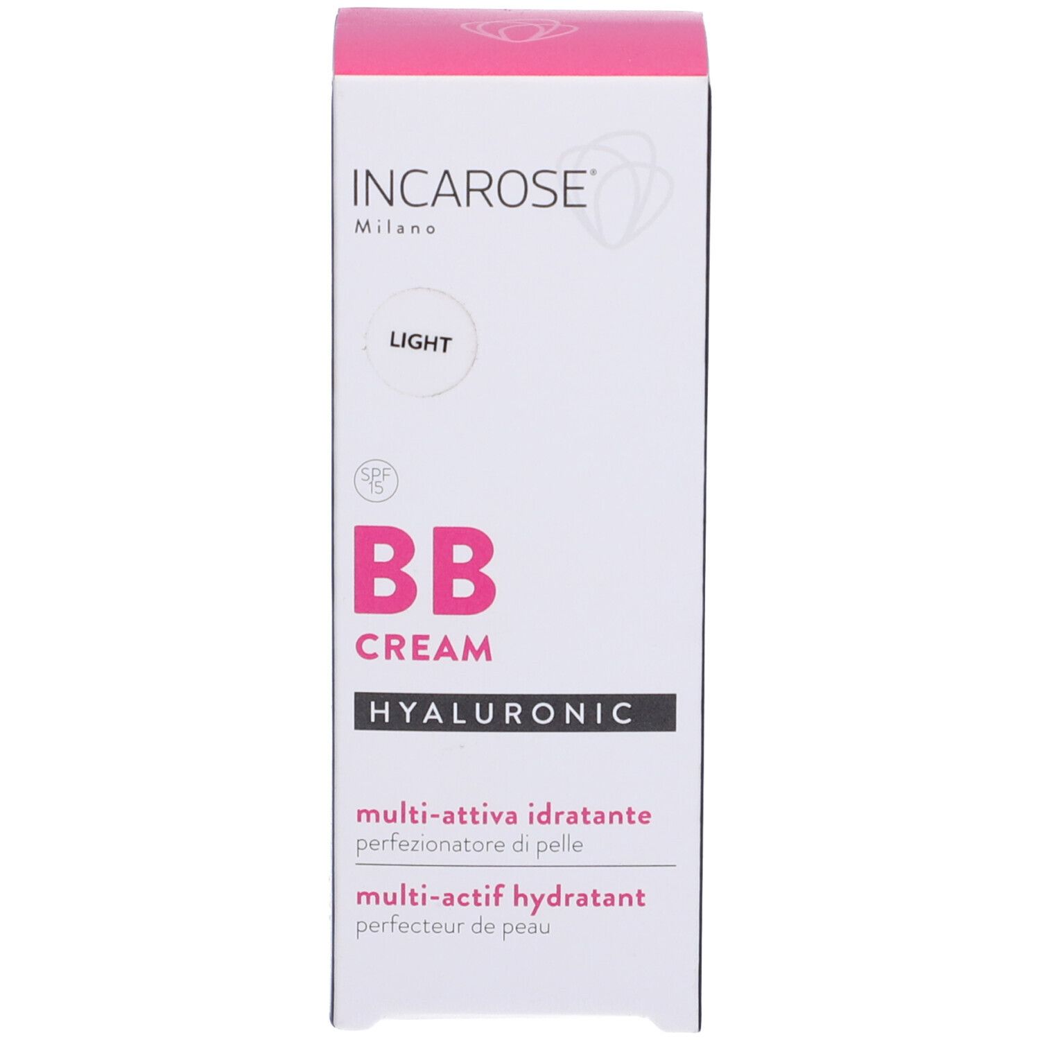 Weiße Schachtel mit rosa Deckel. Aufschrift: INCAROSE, BB Cream, Light, Hyaluronic. Mehrsprachige Produktbezeichnungen.