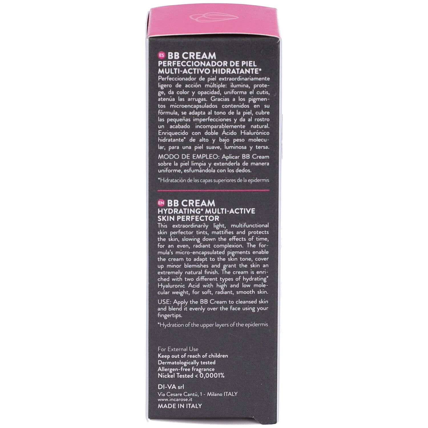 Schwarze Verpackung mit Produktinformationen. Aufschrift: BB Cream, Hyaluronic. Mehrsprachige Beschreibungen und Anweisungen.