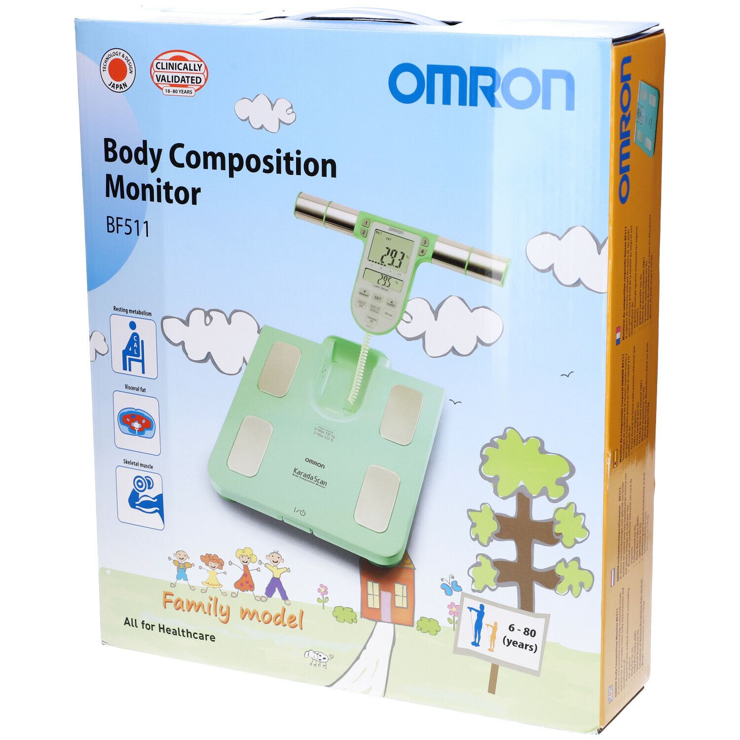 Confezione della bilancia per analisi corporea. Nome prodotto: Body Composition Monitor BF511. Immagine della bilancia e dell'impugnatura.