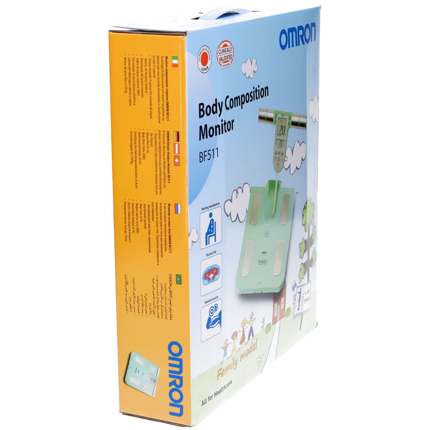 Confezione della bilancia per analisi corporea. Vista laterale con informazioni sul prodotto e loghi. Logo OMRON.