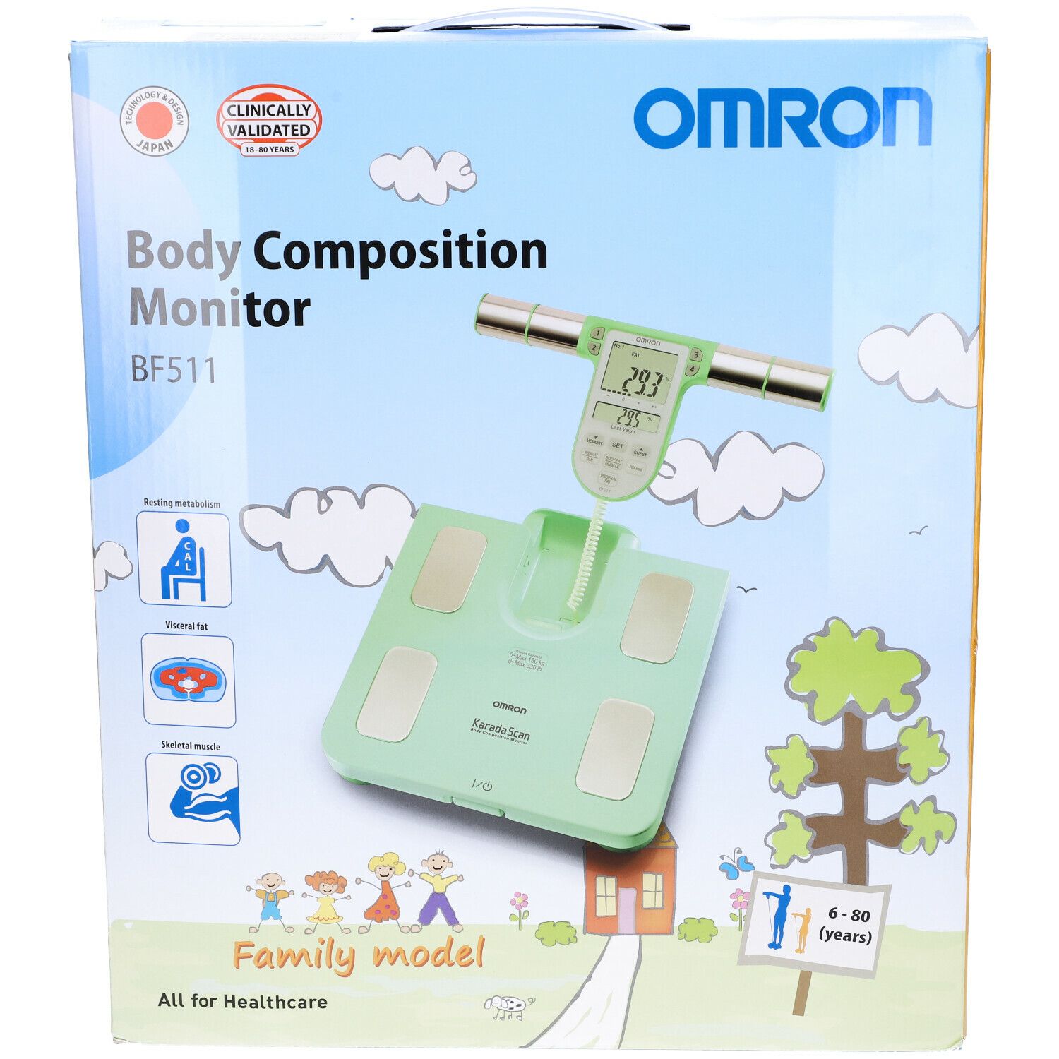 Confezione della bilancia per analisi corporea. Nome prodotto: Body Composition Monitor BF511. Immagine della bilancia e dell'impugnatura.