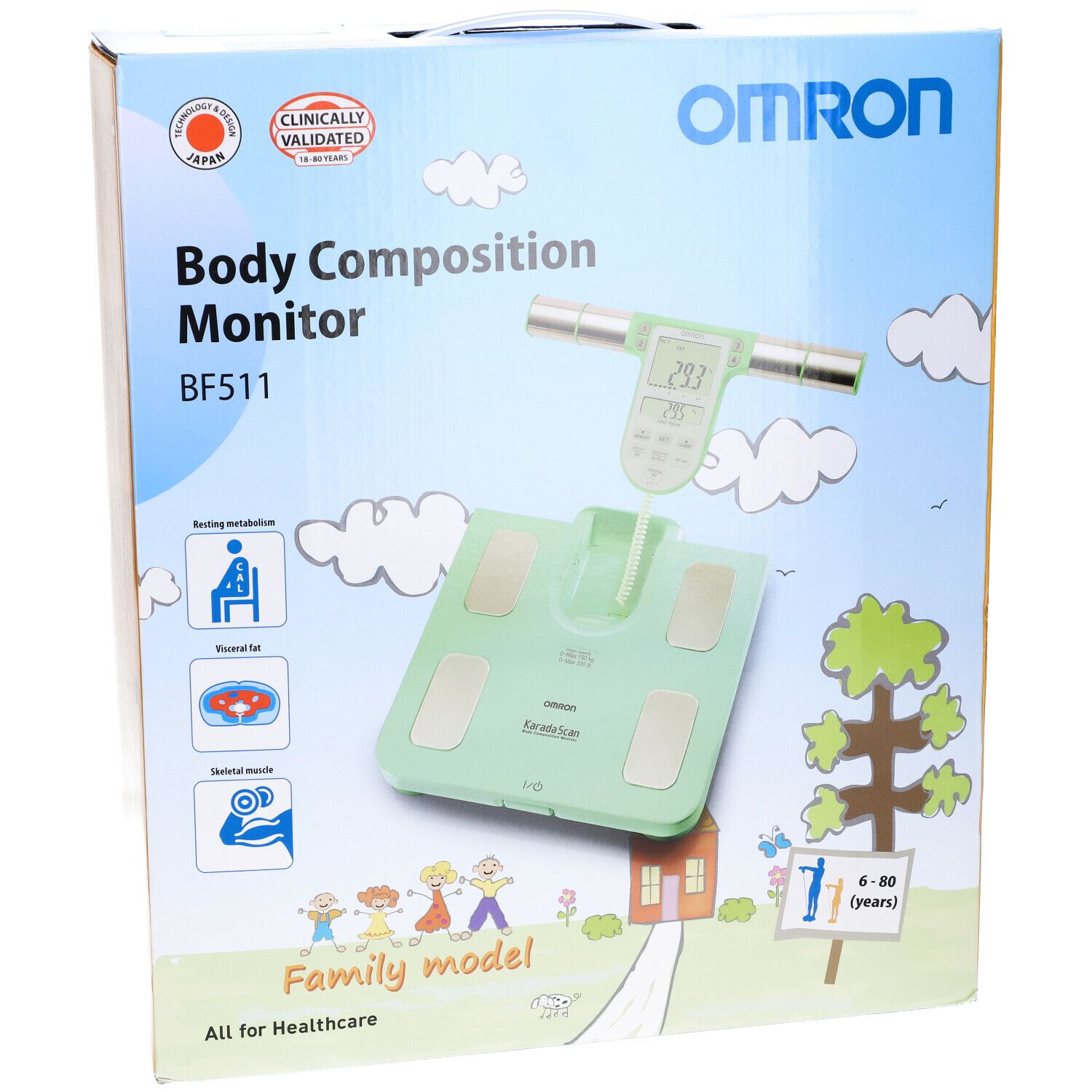 Confezione della bilancia per analisi corporea. Nome prodotto: Body Composition Monitor BF511. Immagine della bilancia e dell'impugnatura.