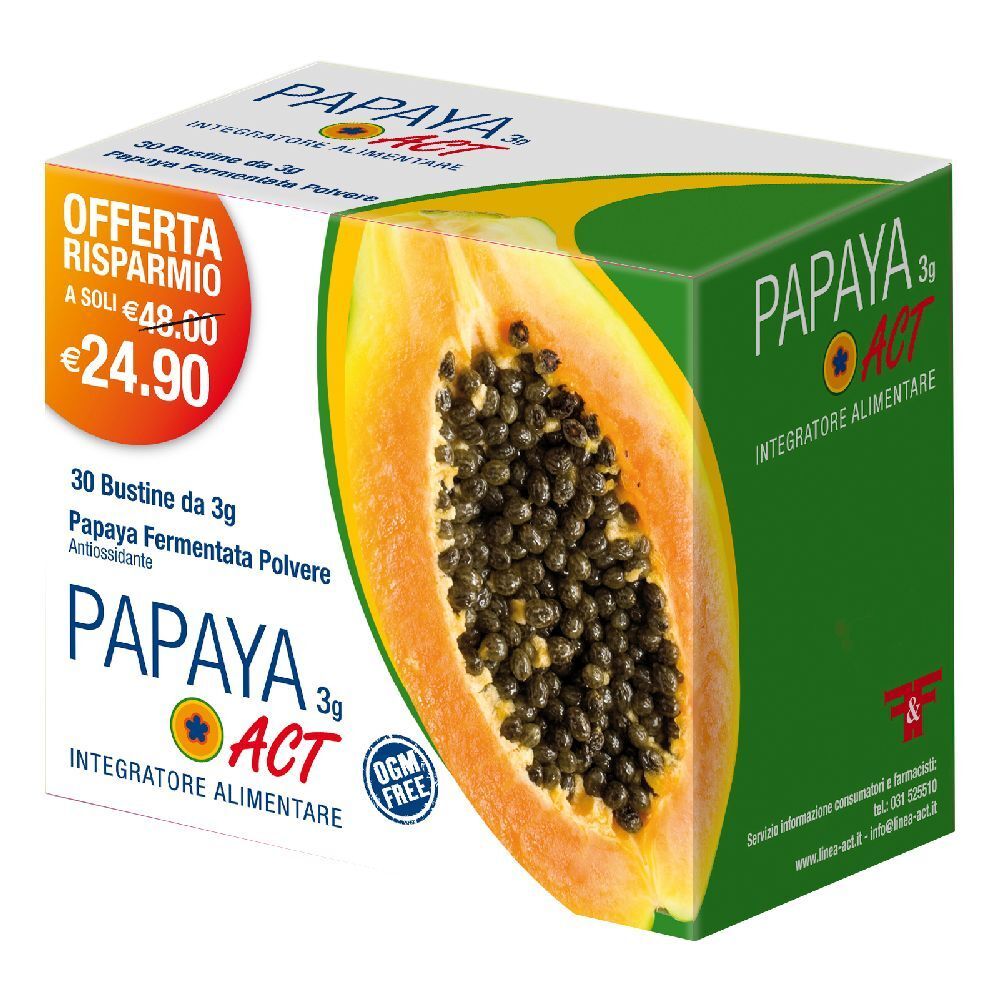 Karton mit Papaya ACT 3g. Aufdruck: Papaya-Hälfte, Preis, 30 Beutel, Papaya Fermentata Pulver, Antioxidans.