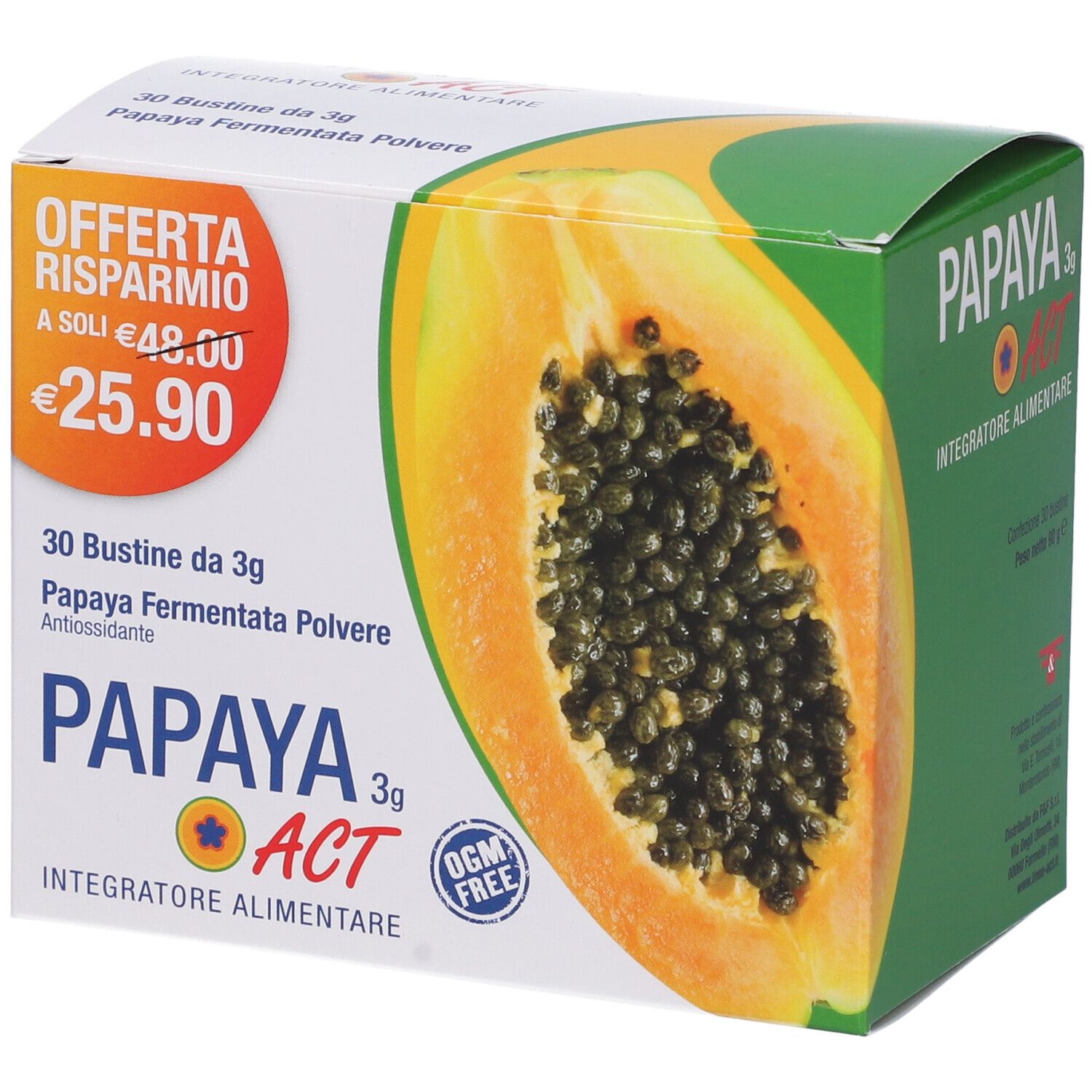 Karton mit Papaya ACT 3g. Aufdruck: Papaya-Hälfte, Preis, 30 Beutel, Papaya Fermentata Pulver, Antioxidans.