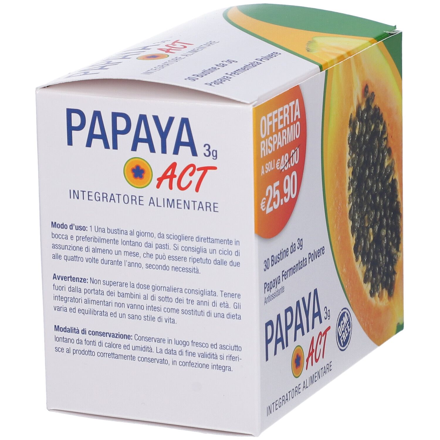 Karton mit Papaya ACT 3g. Aufdruck: Papaya-Hälfte, Text, 30 Beutel, Papaya Fermentata Pulver, Antioxidans.