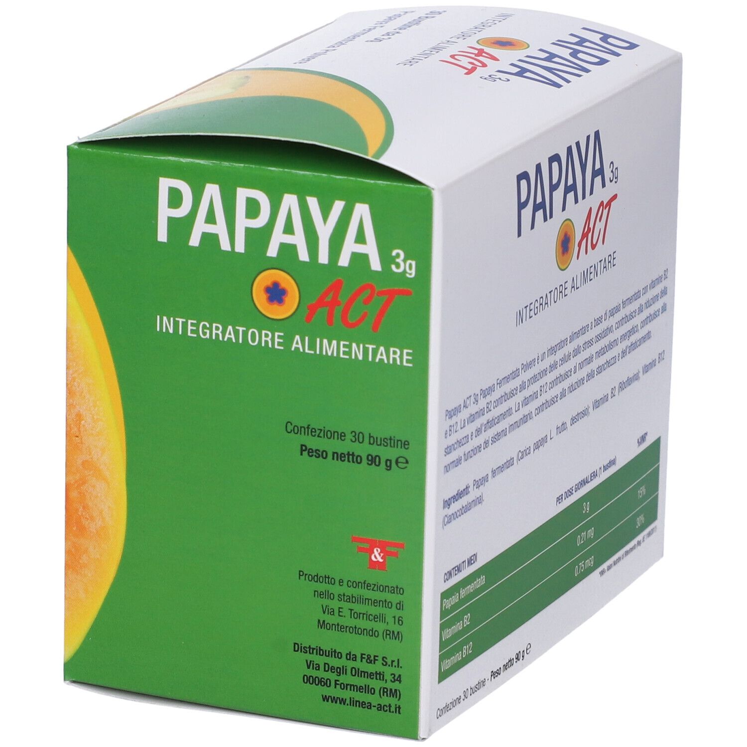 Karton mit Papaya ACT 3g. Aufdruck: Text, Inhaltsstoffe, 30 Beutel, Papaya Fermentata Pulver, Antioxidans.