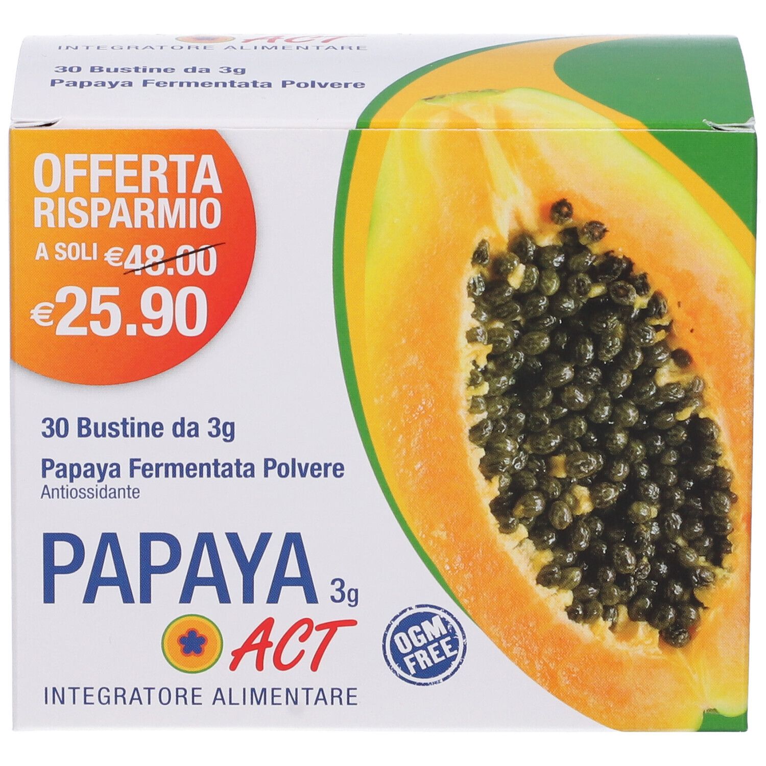 Karton mit Papaya ACT 3g. Aufdruck: Papaya-Hälfte, Preis, 30 Beutel, Papaya Fermentata Pulver, Antioxidans.