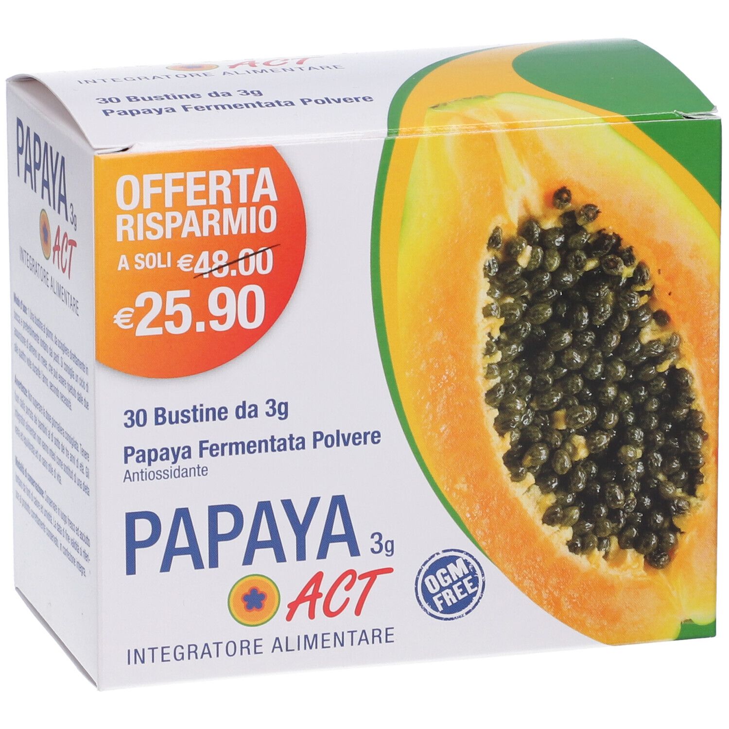 Karton mit Papaya ACT 3g. Aufdruck: Papaya-Hälfte, Preis, 30 Beutel, Papaya Fermentata Pulver, Antioxidans.