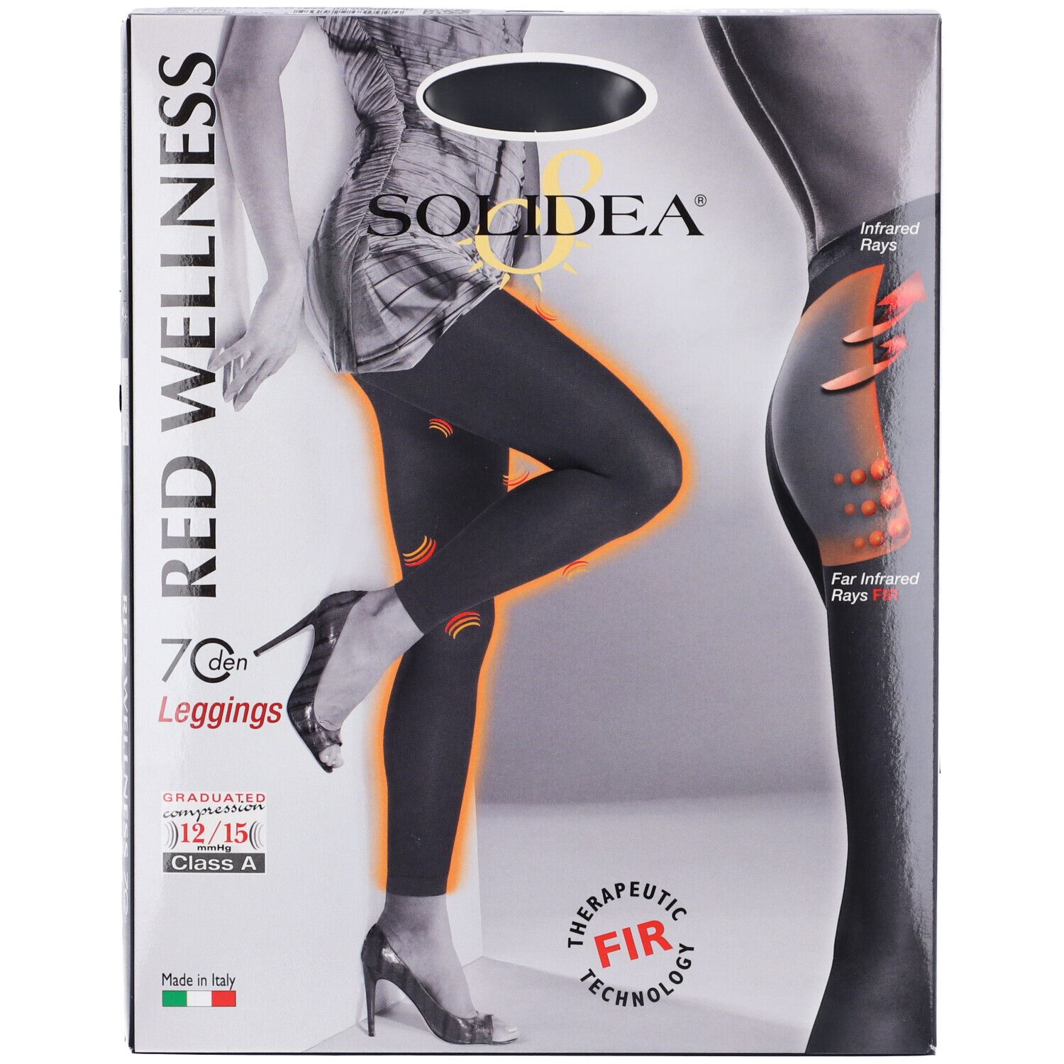 Leggings SOLIDEA Red Wellness 70 den. Neri, bordi rossi. Testo: 70 den, Graduated 12/15, Class A. Tecnologia FIR. Made in Italy.