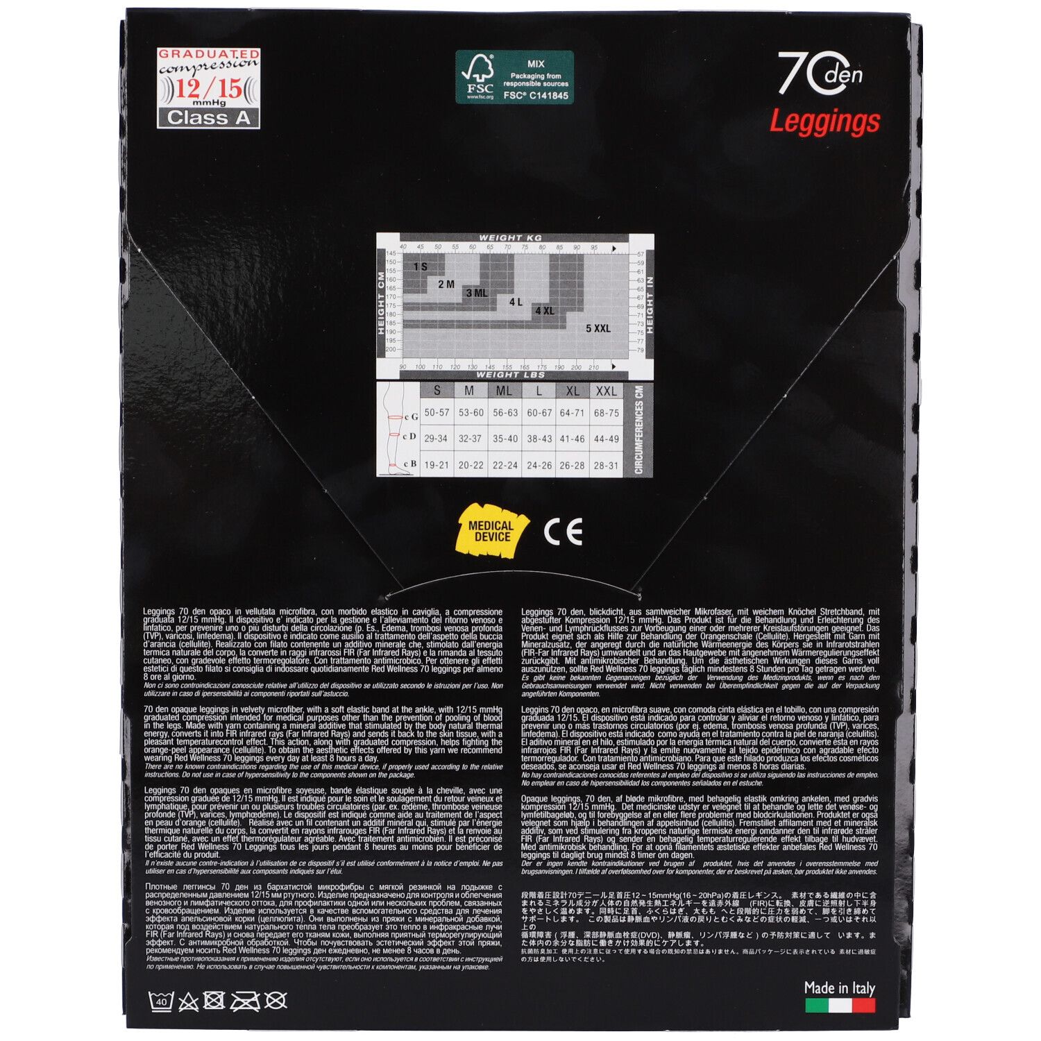 Retro confezione. Scatola nera. Testo: 70 den Leggings. Tabella taglie. Marchio CE. Made in Italy. Certificazione FSC.