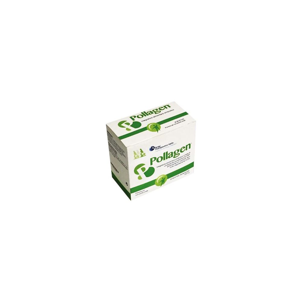 Scatola Pollagen. Confezione verde e bianca. Nome del prodotto e logo visibili.