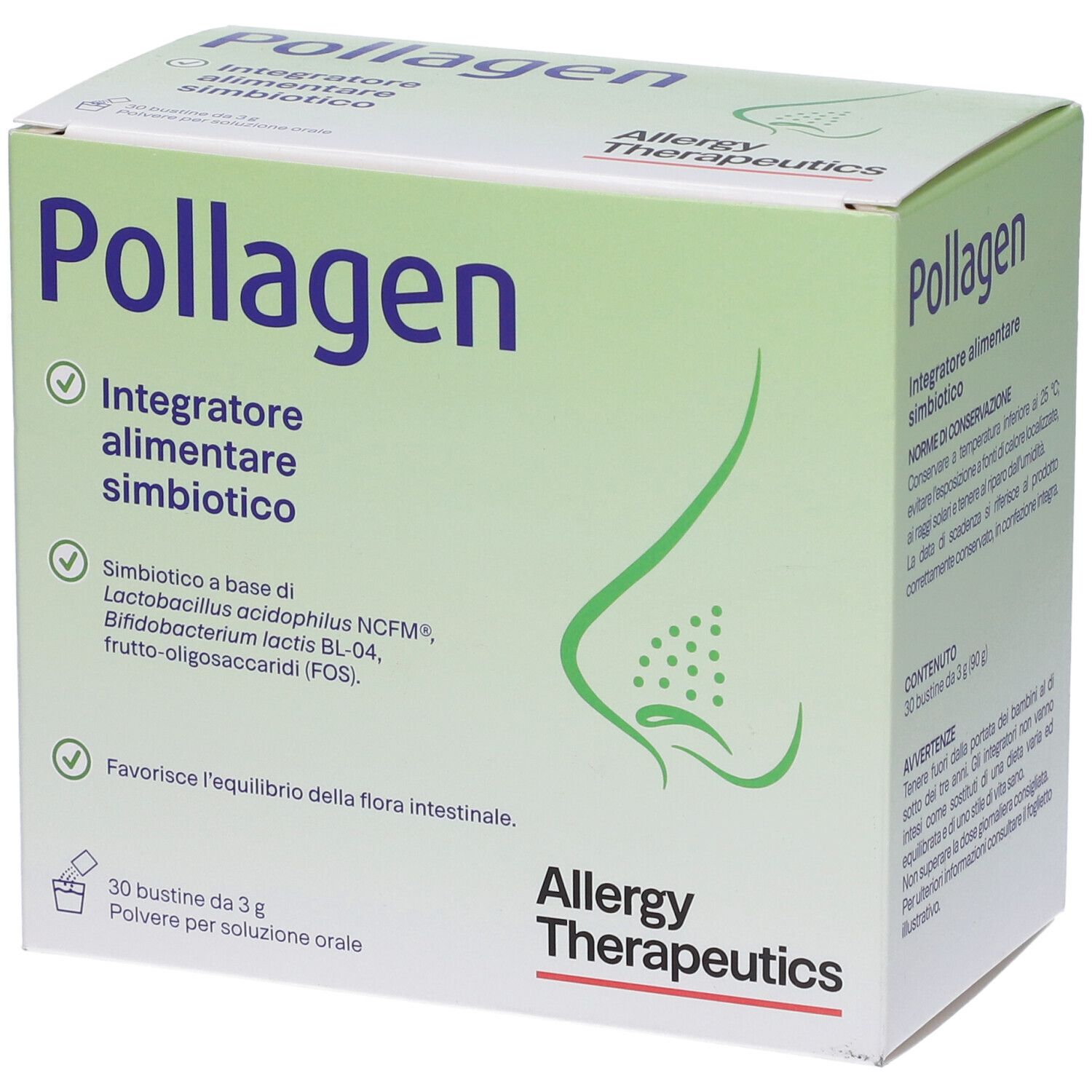 Scatola Pollagen. Confezione verde e bianca. Nome, logo e informazioni prodotto.