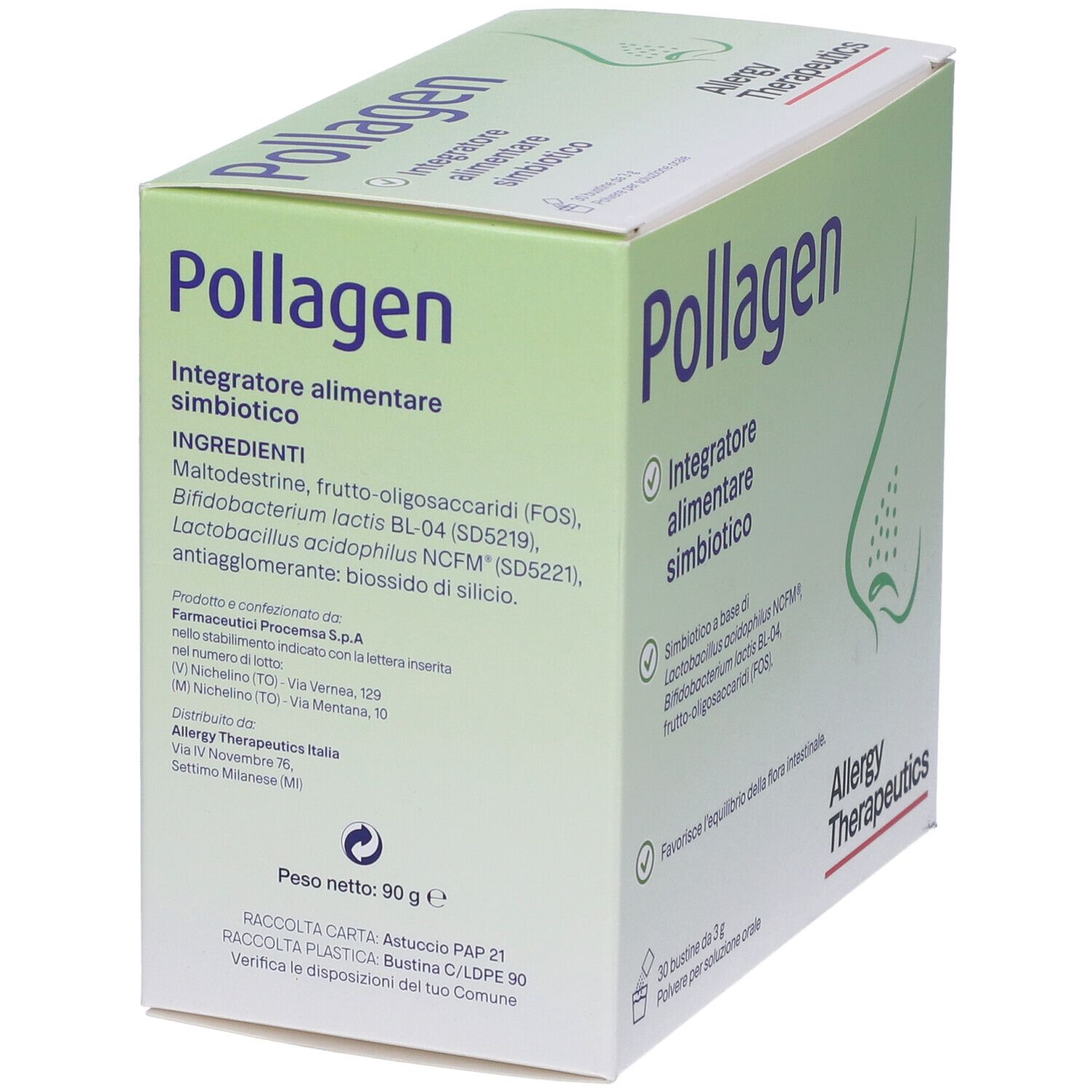 Scatola Pollagen. Confezione verde e bianca. Nome, logo e ingredienti.