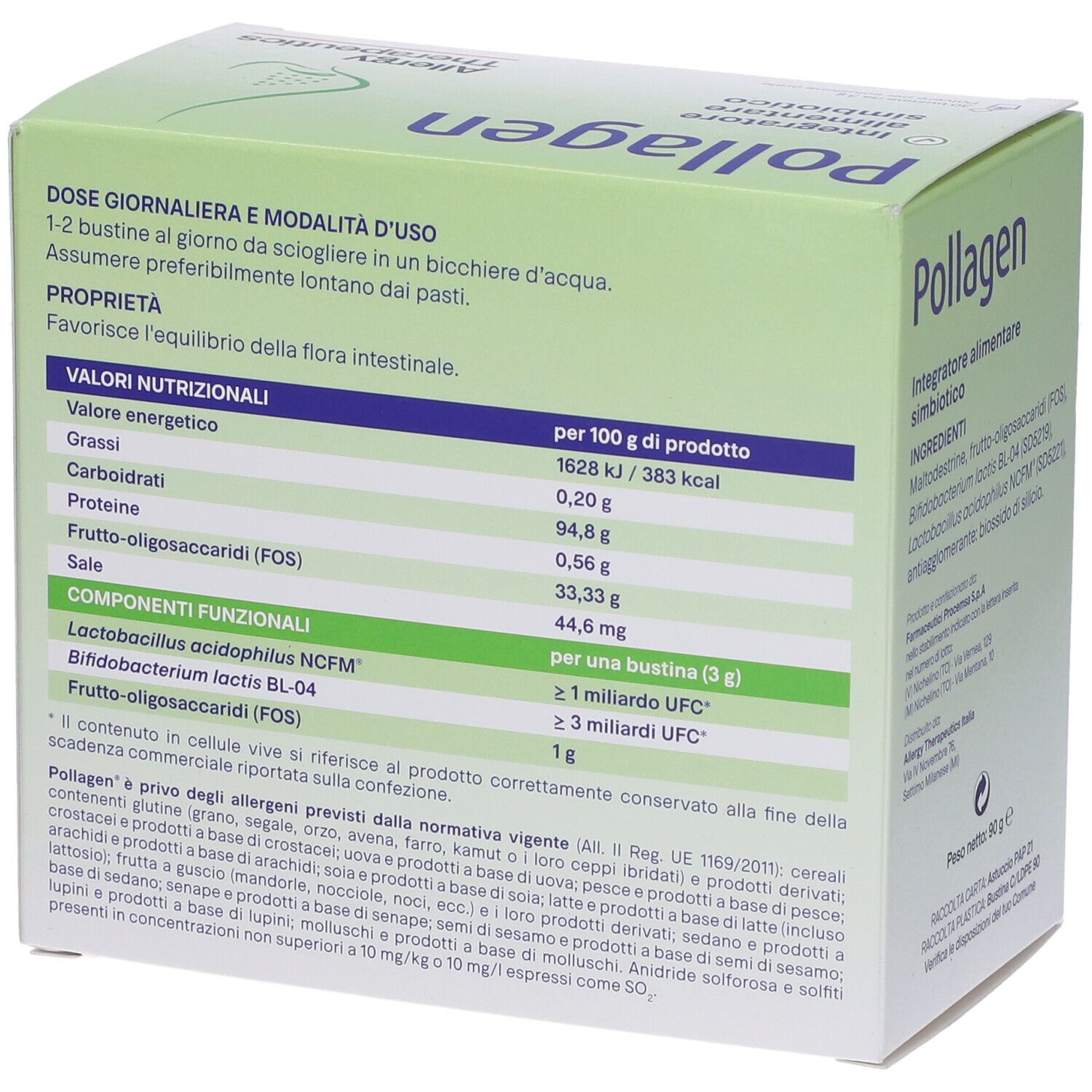 Scatola Pollagen. Confezione verde e bianca. Valori nutrizionali e ingredienti.