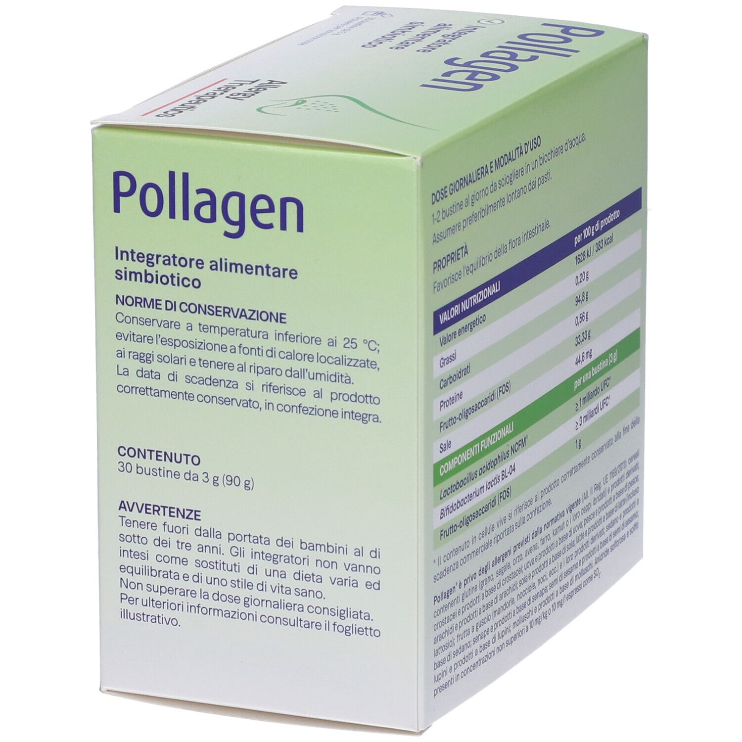 Scatola Pollagen. Confezione verde e bianca. Istruzioni di conservazione e contenuto.