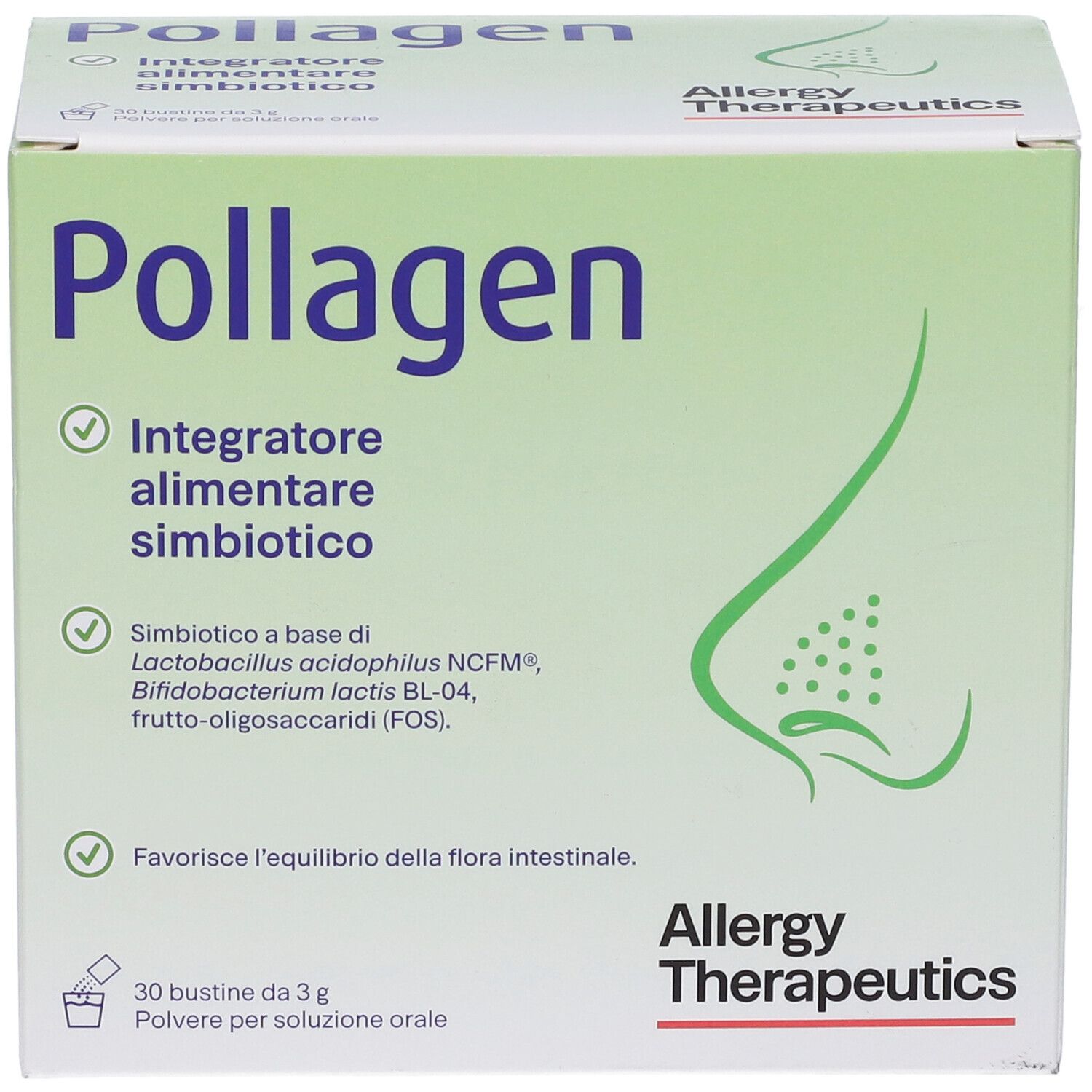 Scatola Pollagen. Confezione verde e bianca. Nome, logo e informazioni prodotto.