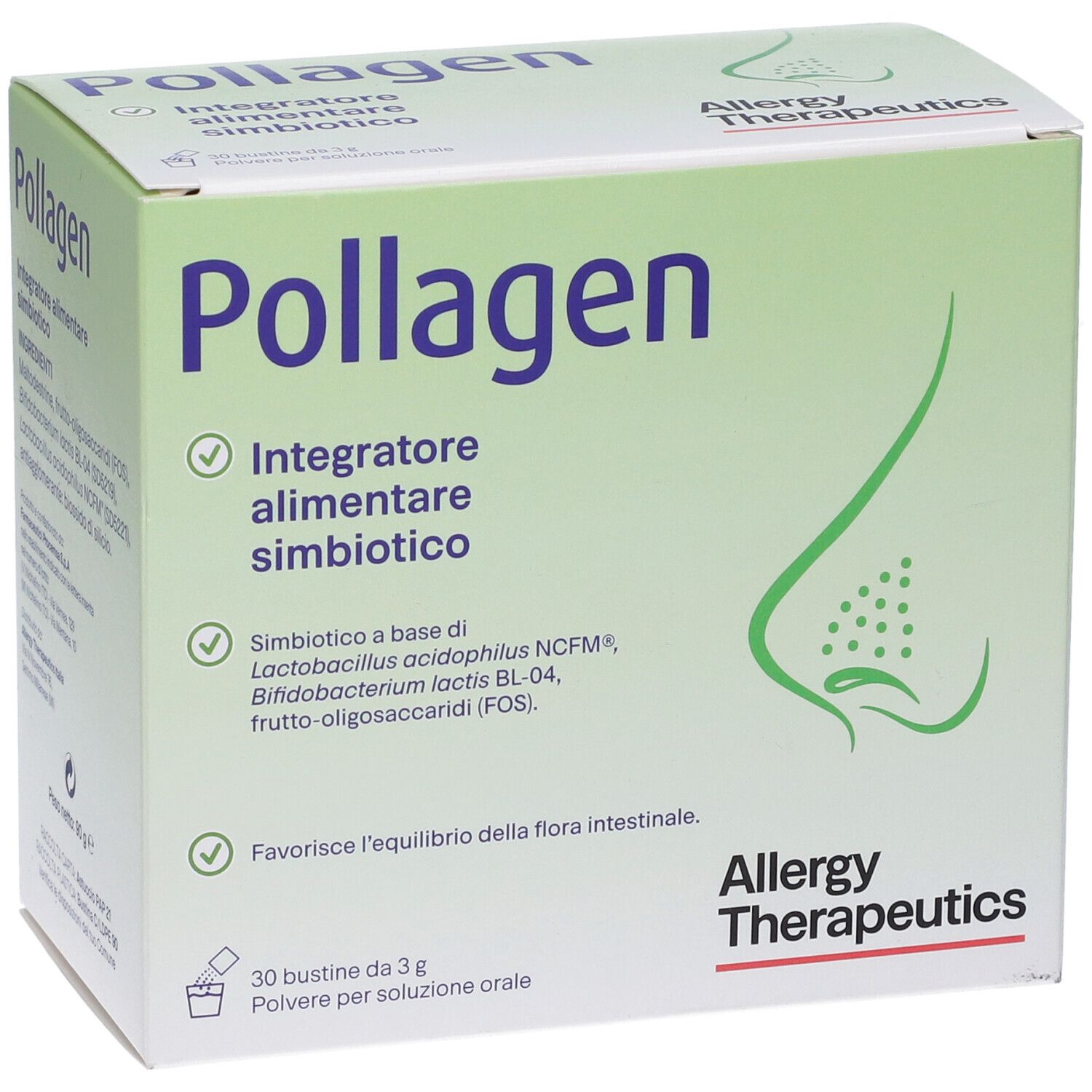 Scatola Pollagen. Confezione verde e bianca. Nome, logo e informazioni prodotto.