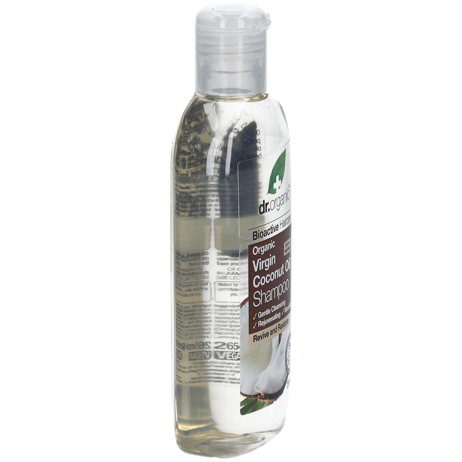 Dr. Organic Virgin Coconut Oil Shampoo Flasche mit Klappdeckel. Transparente Flüssigkeit, braunes Etikett mit Kokosnuss-Abbildung.