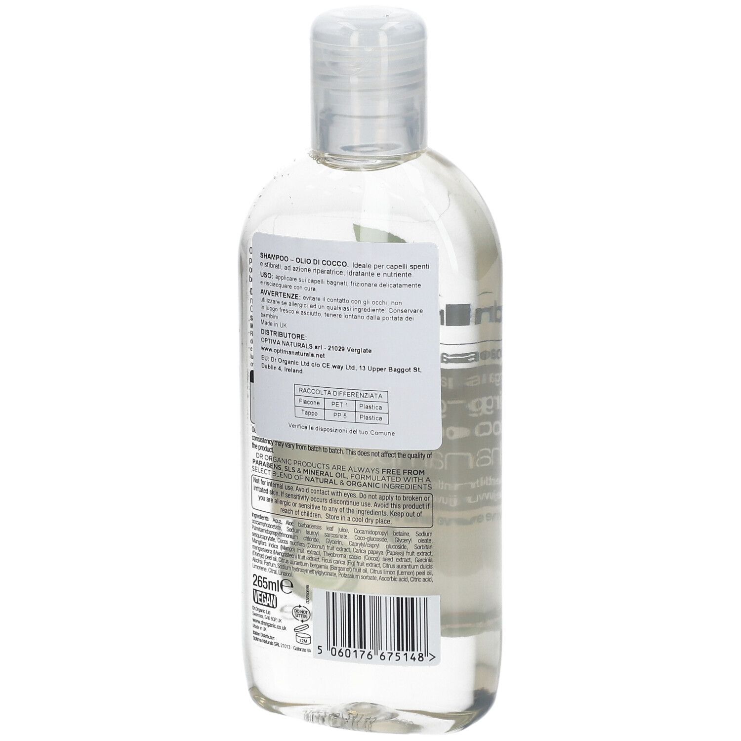 Klare Shampoo-Flasche mit weißem Etikett und silbernem Verschluss. 265ml.