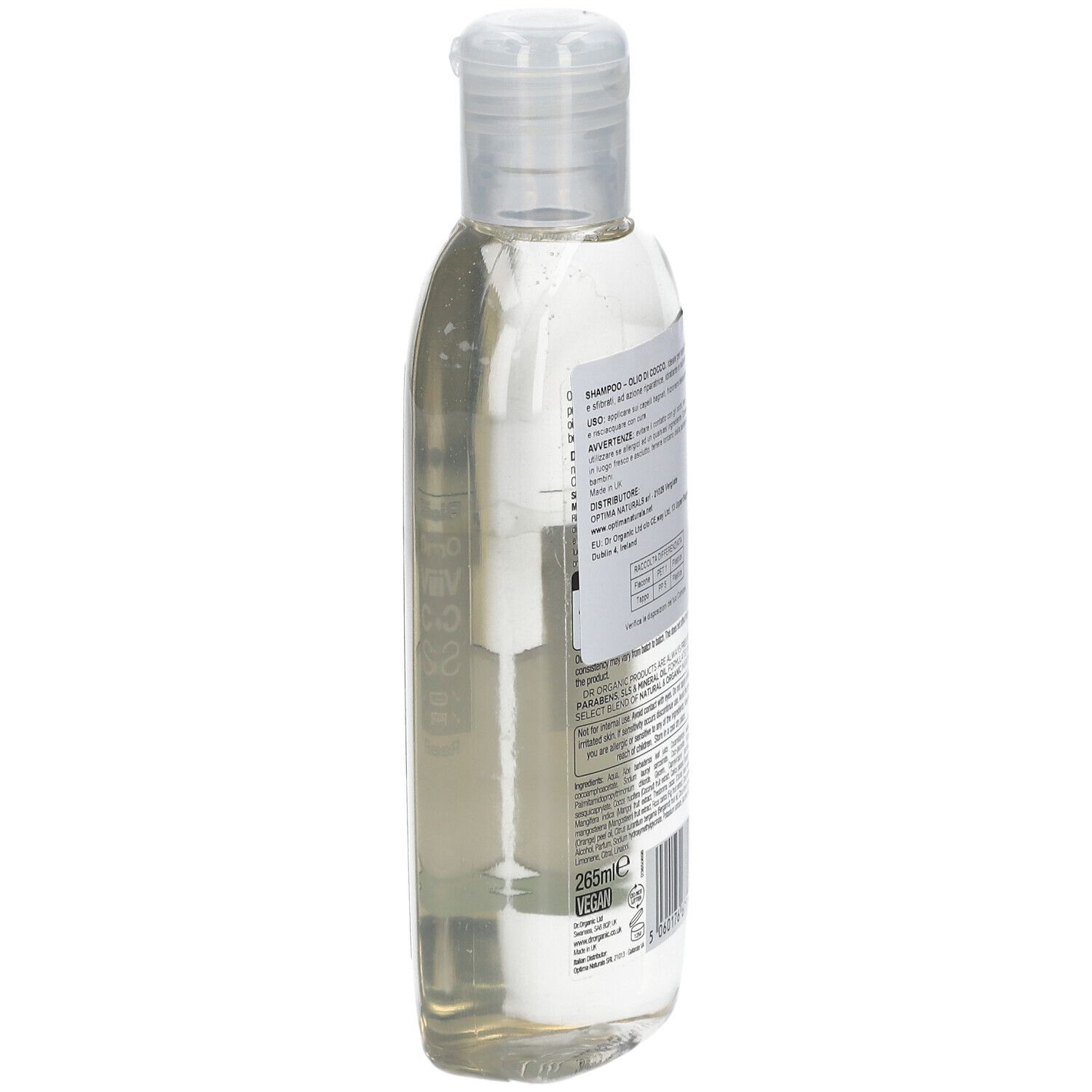 Klare Flüssigkeit in durchsichtiger Pumpflasche mit weißem Pumpmechanismus. Etikett mit Text und Barcode.
