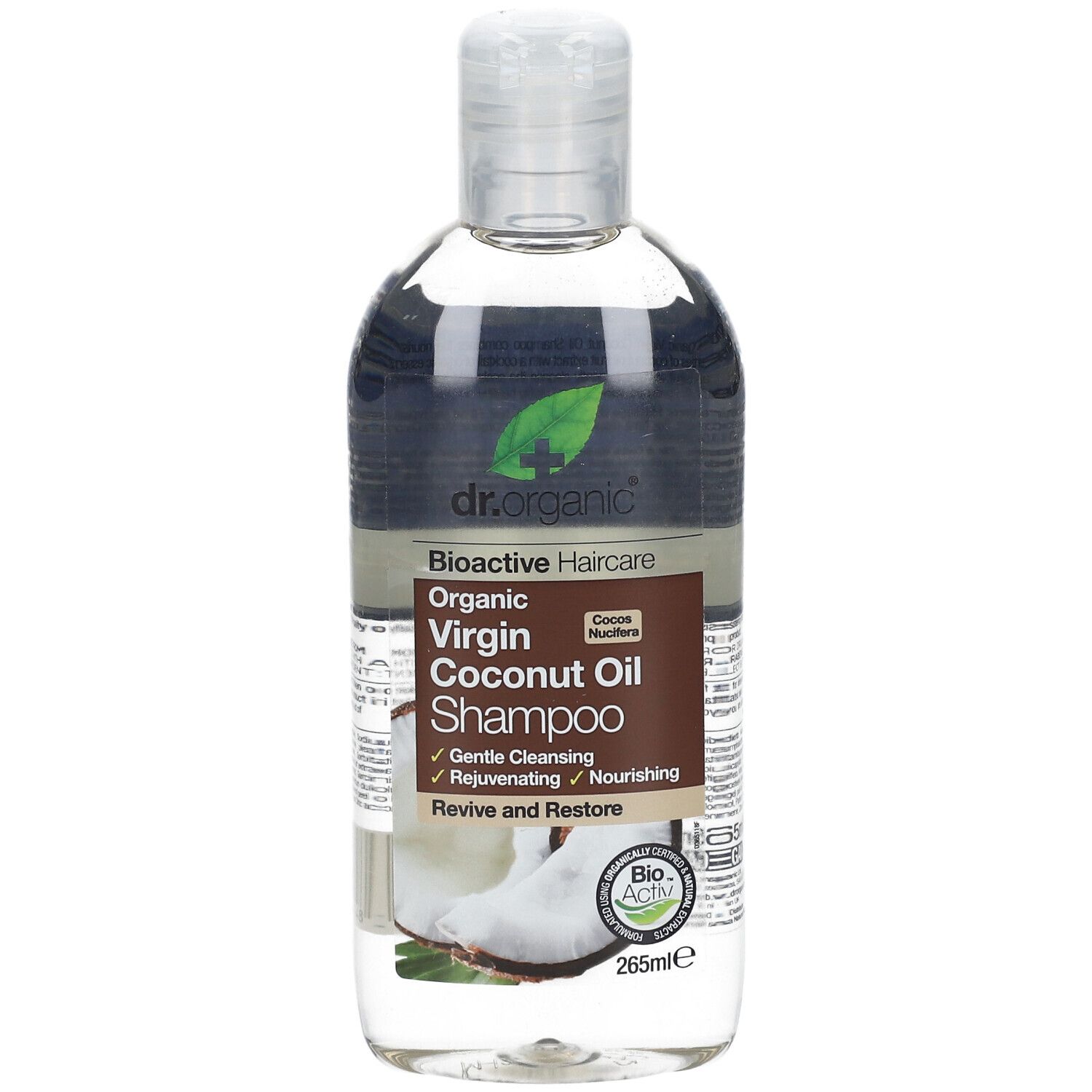 Dr. Organic Bioactive Haircare Shampoo mit Bio-Kokosöl. Transparente Flasche mit braunem Etikett. 265ml.
