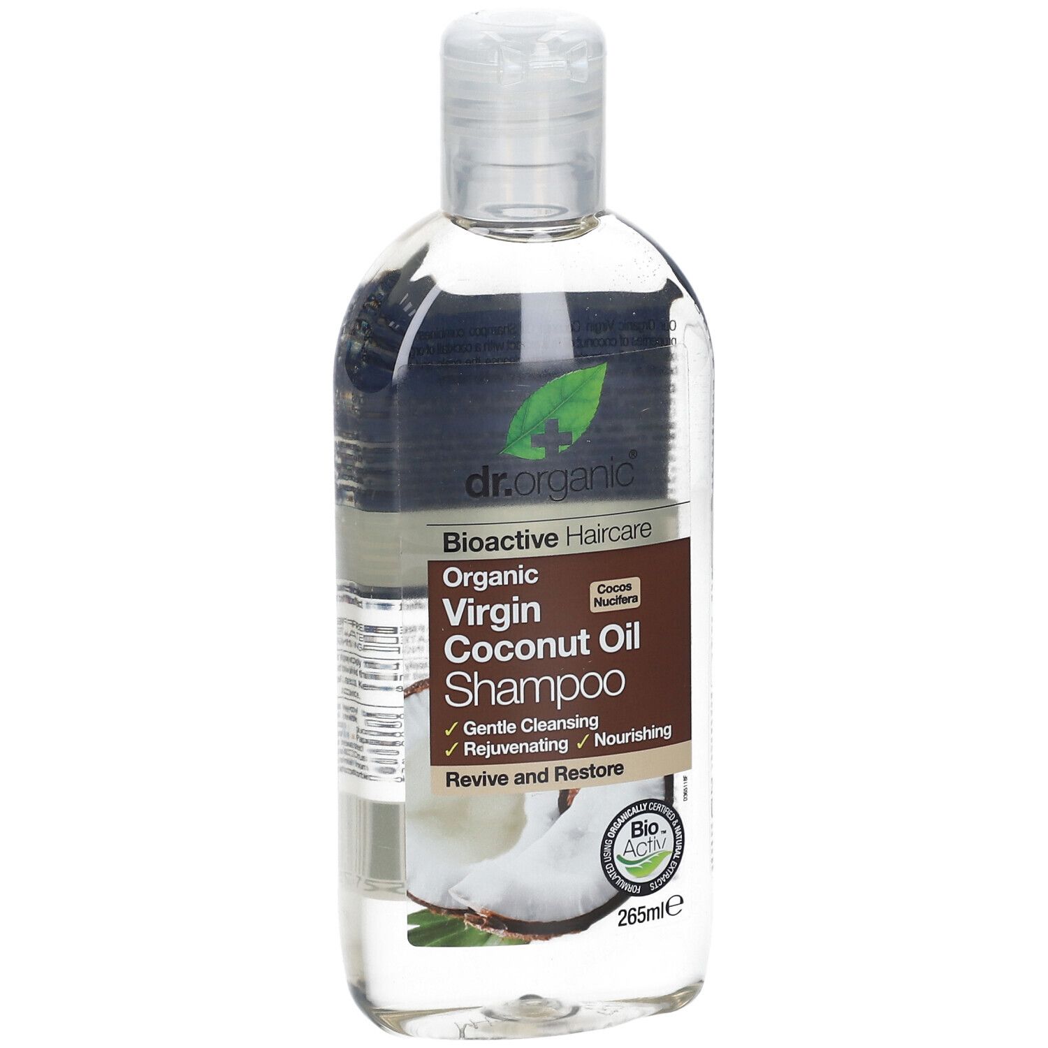 Dr. Organic Virgin Coconut Oil Shampoo, 265ml Flasche mit klarem Deckel. Bio-Siegel sichtbar.