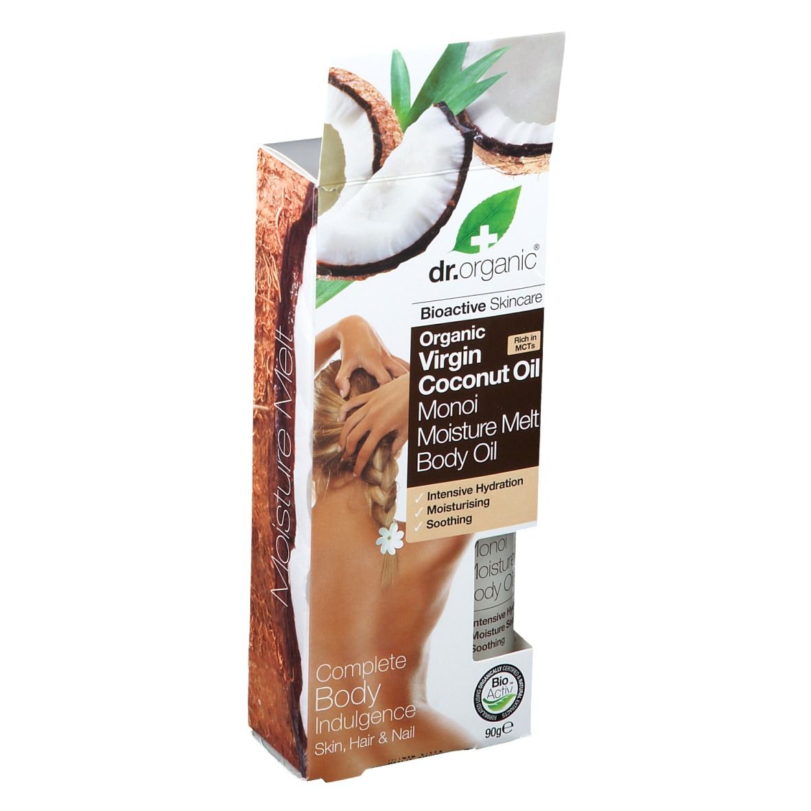 Confezione con immagine del prodotto. Scritta: Dr. Organic, Organic Virgin Coconut Oil Monoi Moisture Melt Body Oil.