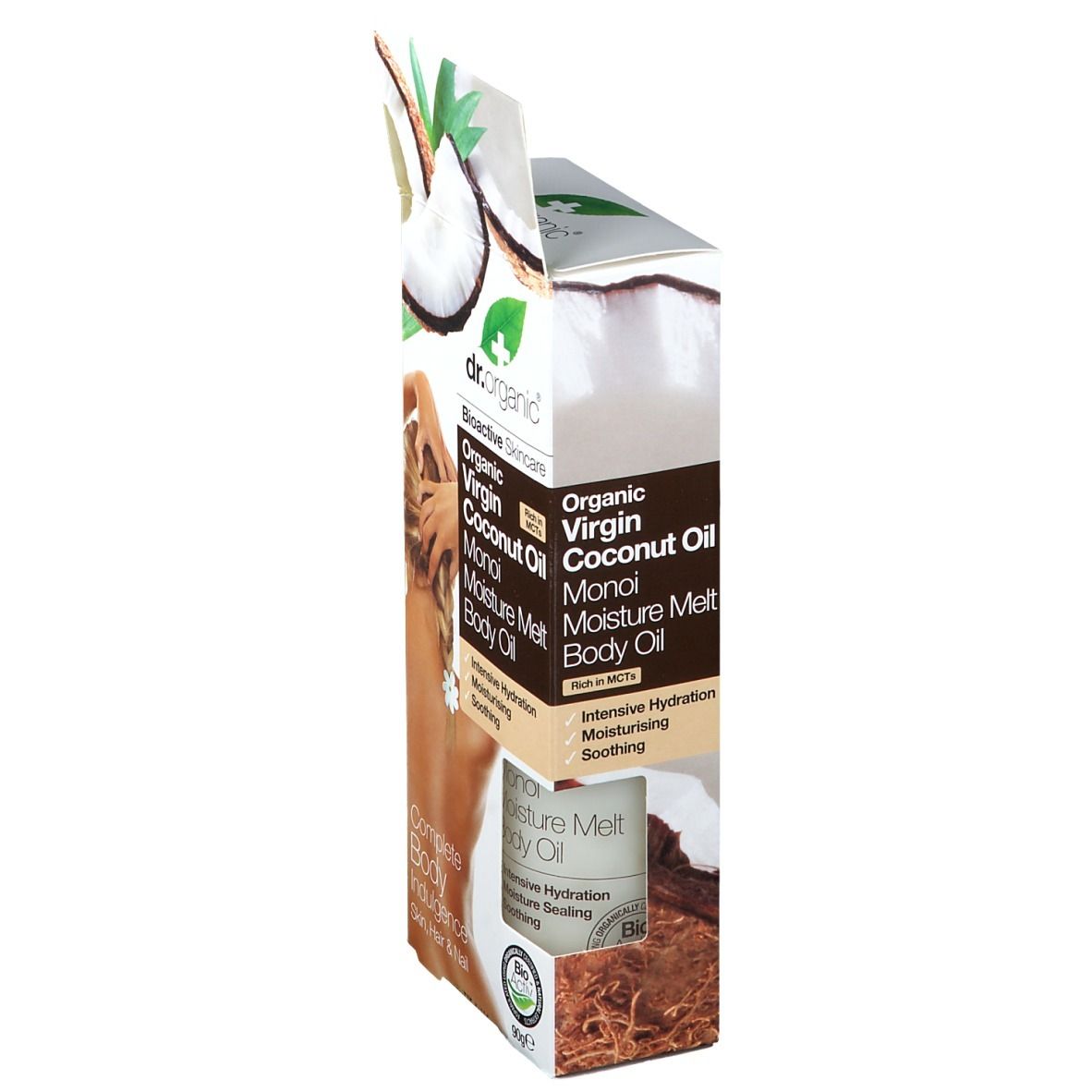 Confezione con prodotto e illustrazione di cocco. Scritta: Dr. Organic, Organic Virgin Coconut Oil Monoi Moisture Melt Body Oil.