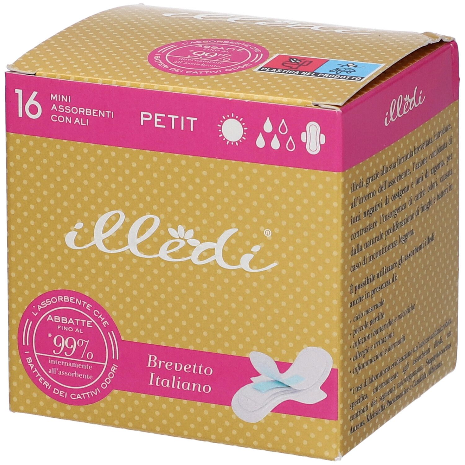 Confezione da 16 mini assorbenti con ali. Marchio Illedi, design giallo-rosa. Brevetto italiano.