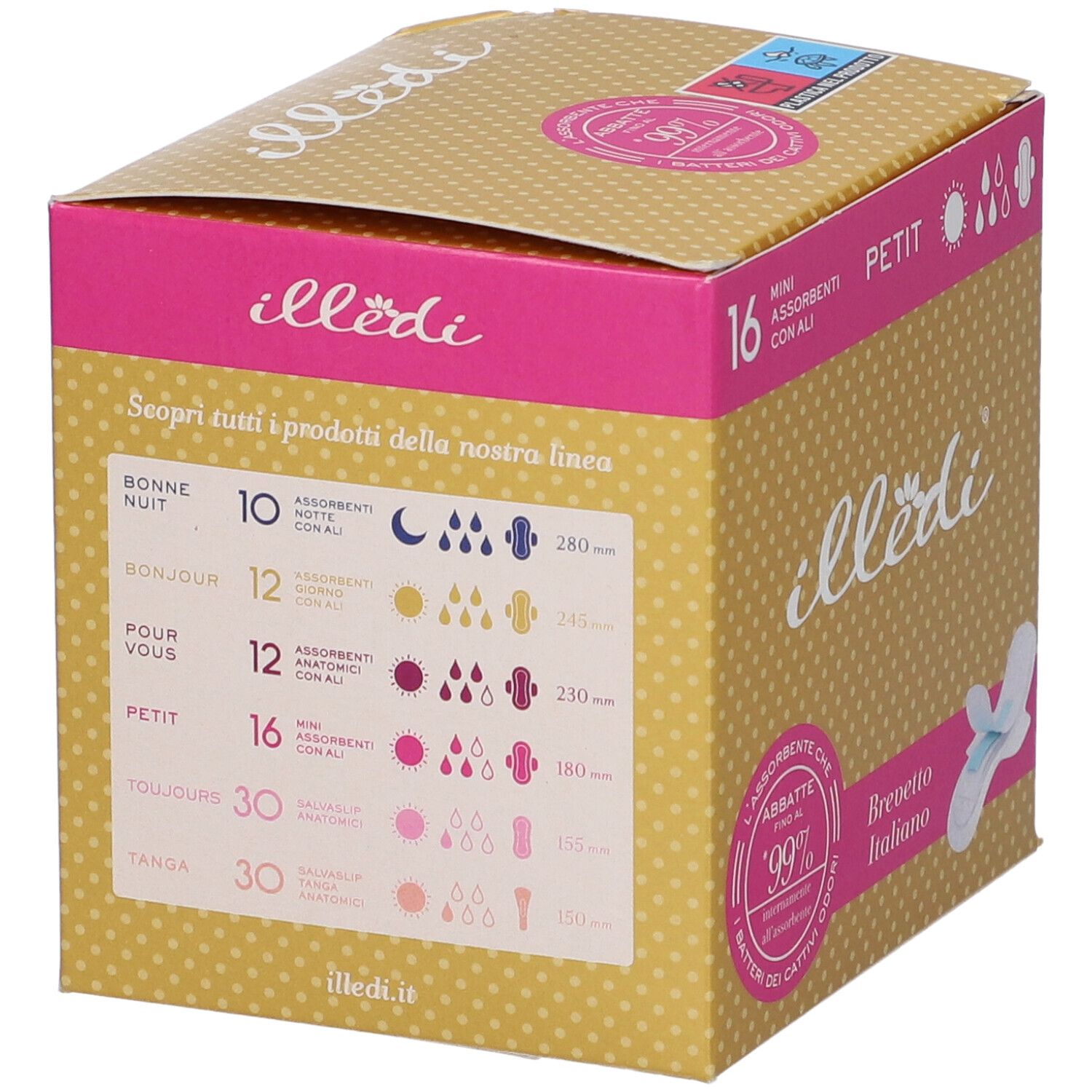 Confezione da 16 mini assorbenti con ali. Marchio Illedi, design giallo-rosa. Panoramica prodotti.