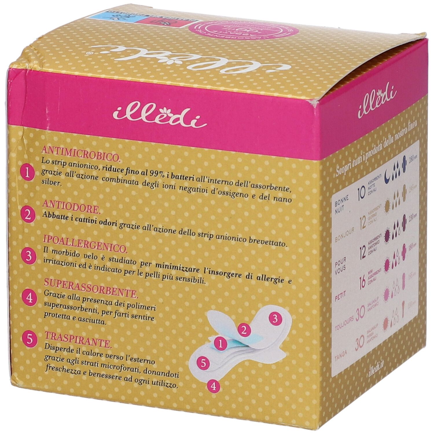Confezione da 16 mini assorbenti con ali. Marchio Illedi, design giallo-rosa. Caratteristiche prodotto.