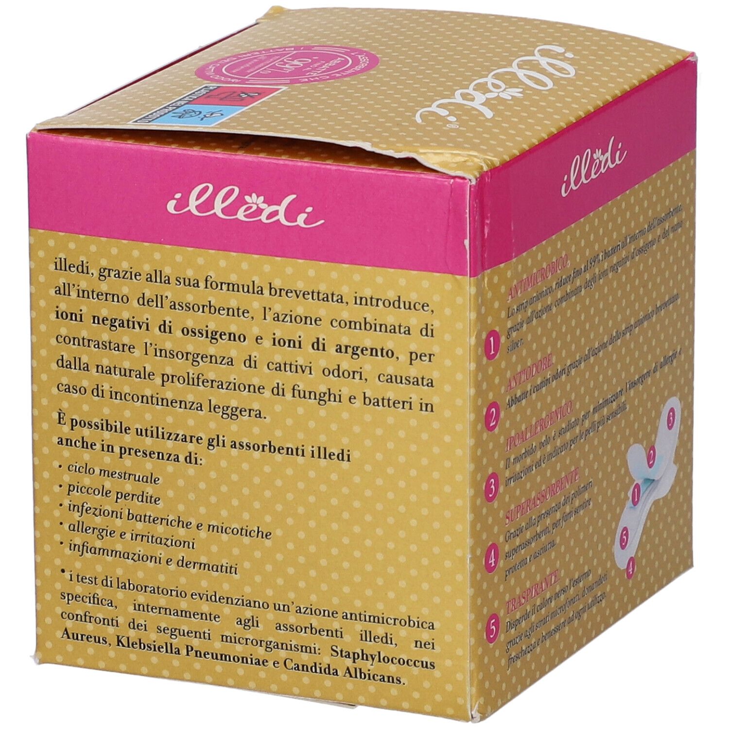 Confezione da 16 mini assorbenti con ali. Marchio Illedi, design giallo-rosa. Informazioni prodotto.