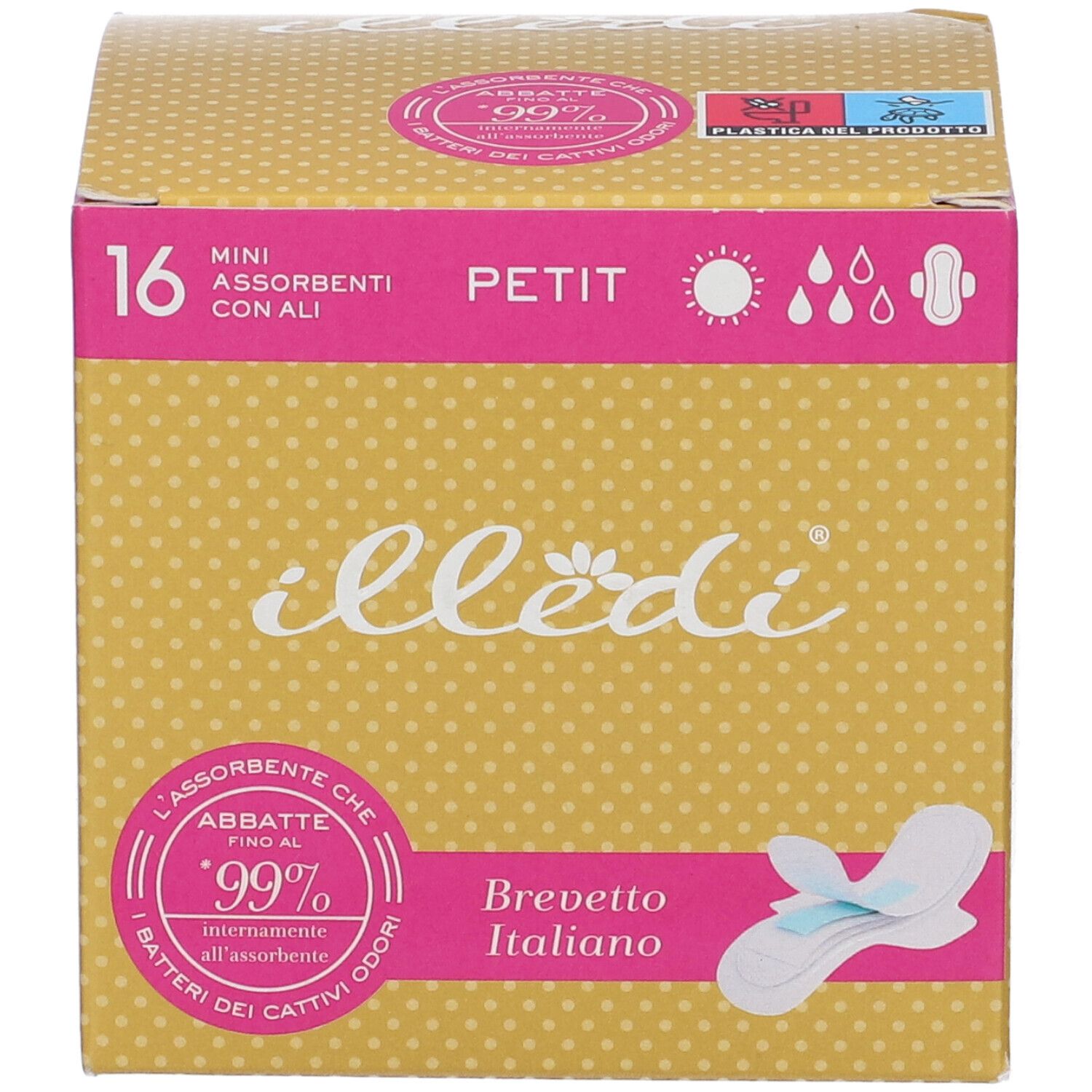 Confezione da 16 mini assorbenti con ali. Marchio Illedi, design giallo-rosa. Brevetto italiano.