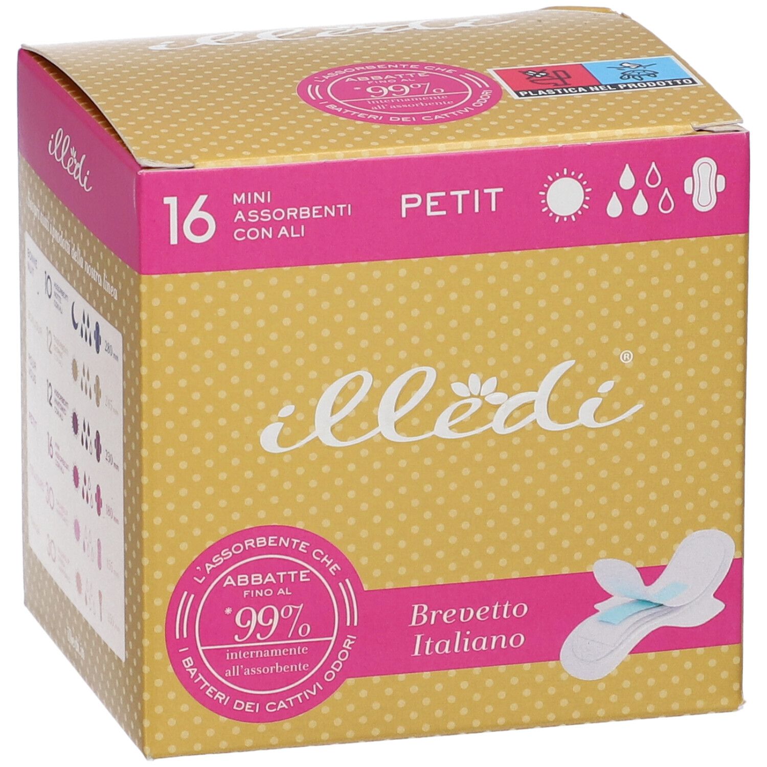 Confezione da 16 mini assorbenti con ali. Marchio Illedi, design giallo-rosa. Brevetto italiano.