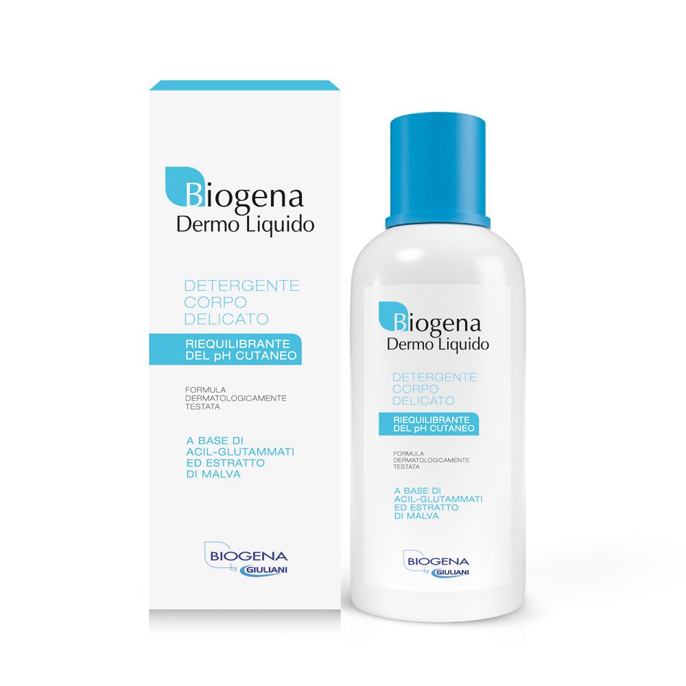 Weiße Flasche mit blauem Deckel und Karton. Aufschrift: Biogena Dermo Liquido, Detergente Corpo Delicato.