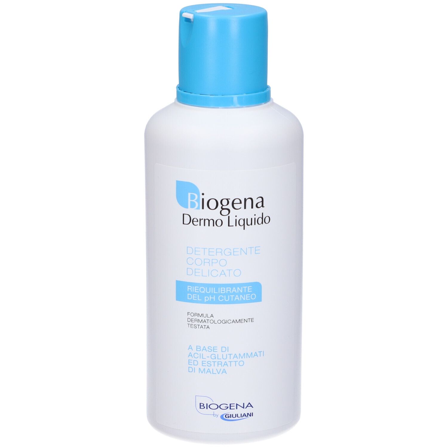 Weiße Flasche mit blauem Deckel. Aufschrift: Biogena Dermo Liquido, Detergente Corpo Delicato, pH-Ausgleich.