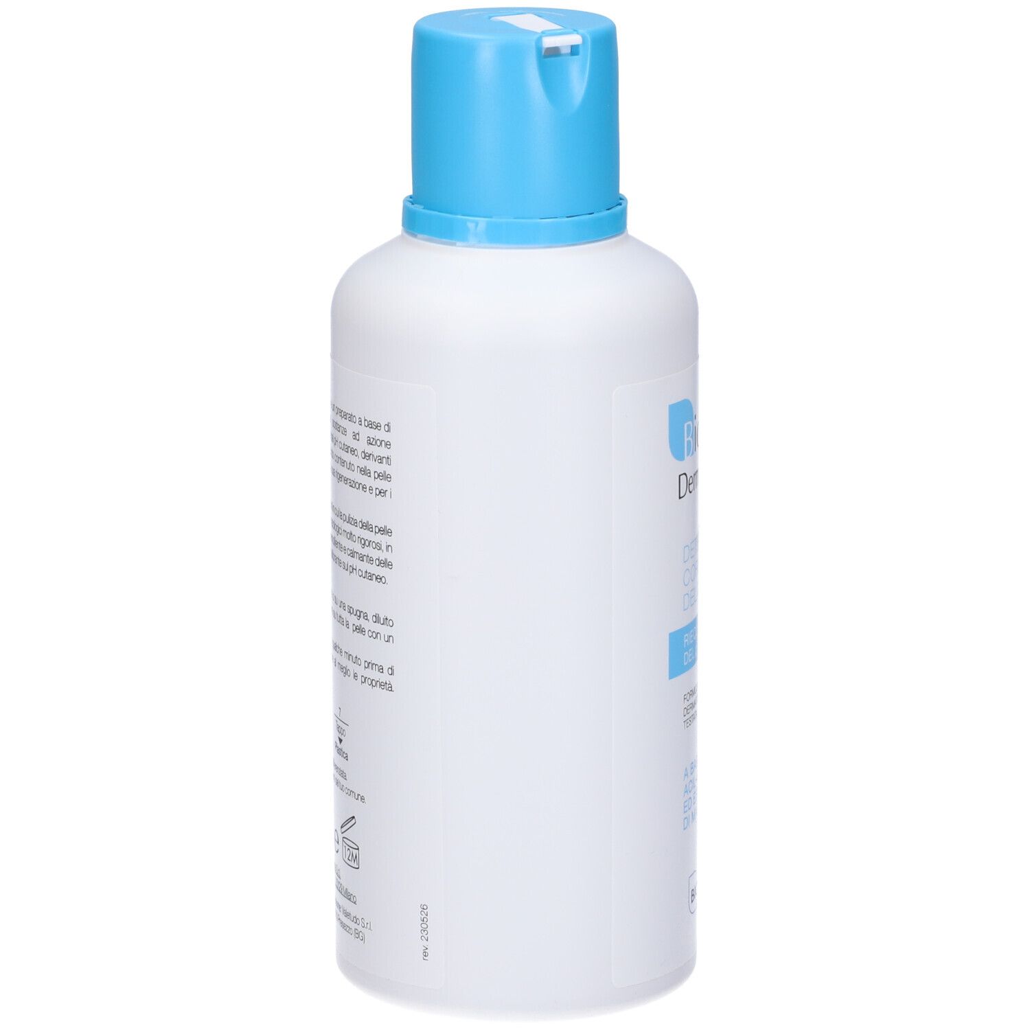 Weiße Flasche mit blauem Deckel. Aufschrift: Biogena Dermo Liquido, Detergente Corpo Delicato, pH-Ausgleich.